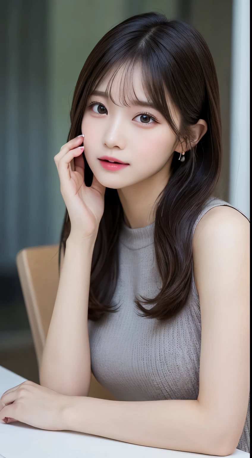 small details, High resolution, high quality、完璧なダイナミックな構figure, beautiful and delicate eyes, medium hair, 、natural color lips,Jobu Riku Cuckoo、20 year old girl、1 person、transparent skin、shining hair、on the table, 最high quality, figure, Super detailed, small details, High resolution, 8k、correct state of the human body、please strike a cute pose,ponytail,,perfect beautiful face,KPOP idol face,There is a feeling of ecstasy on the face,light gray knit dress,background blur,Randomly dressed as a female model'fashion magazine,five fingers