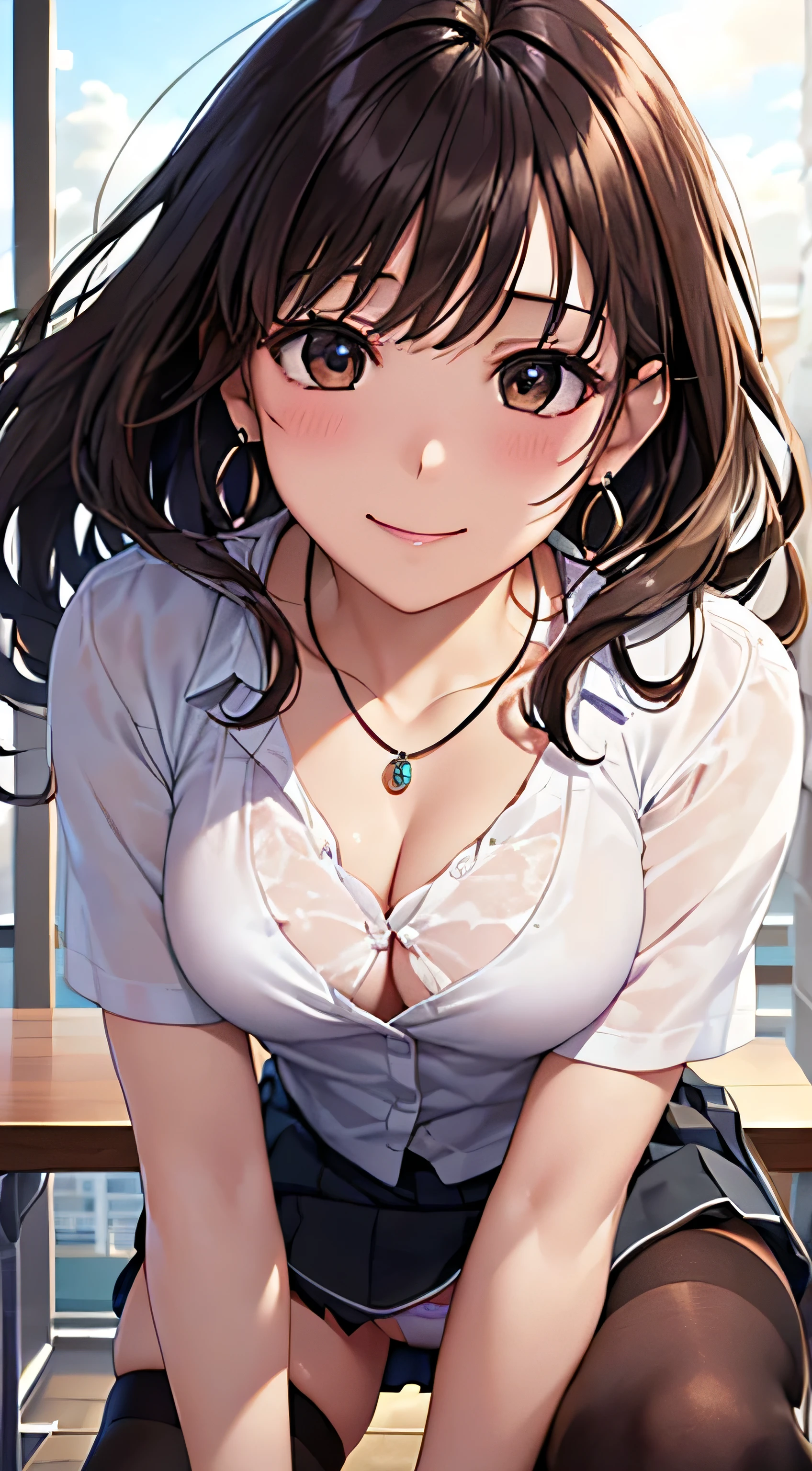 (table top, highest quality, High resolution, , perfect pixel, 4k,), 1 girl, single, alone, Beautiful woman、I could see the whole body、 ((Wavy mid-hair, bangs, brown hair)), ((brown eyes, beautiful eyelashes, realistic eyes)), ((detailed face, blush:1.2)), ((smooth texture:0.75, realistic texture:0.65, realistic:1.1, Anime CG style)), medium breasts, dynamic angle, perfect body, ((, female teacher, , earrings、necklace、white shirt、black flared skirt、black knee high stockings、open both legs wide、、shy smile、Sit on the floor、leaning forward)), Upper 、、、evening、、(You can see the white and pink lace panties、、(Bring your chest and arms together、Lift up your skirt and show your panties、The wind blows up my skirt)、angle from below)、