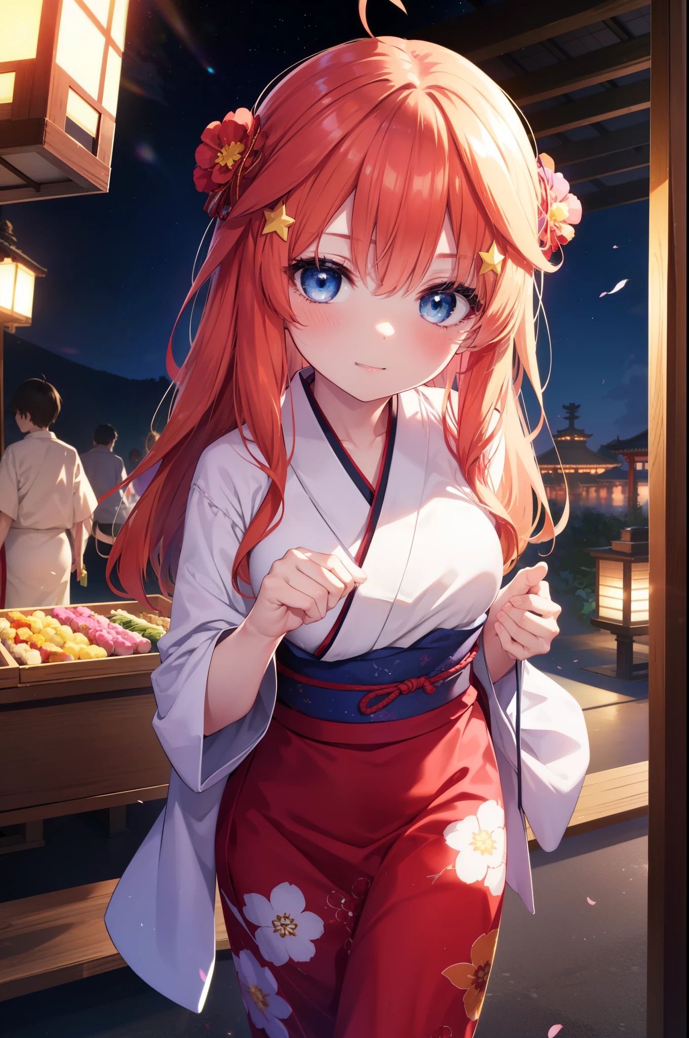 itsukinakano, Itsuki Nakano, bangs, blue eyes, hair between eyes, Ahoge, redhead, star \(symbol\), hair ornaments, star hair ornaments,Akabu glasses,smile,blush,happy atmosphere,long hair,tie back hair,red floral yukata,long skirt,Zori sandals,Girl in yukata with cotton candy at festival，japanese festival,summer festival stalls,Red lantern,night,So that the whole body goes into the illustration, Looking up,
break indoors, shrine,
break (masterpiece:1.2), highest quality, High resolution, unity 8k wallpaper, (shape:0.8), (fine and beautiful eyes:1.6), highly detailed face, perfect lighting, Very detailed CG, (perfect hands, perfect anatomy),