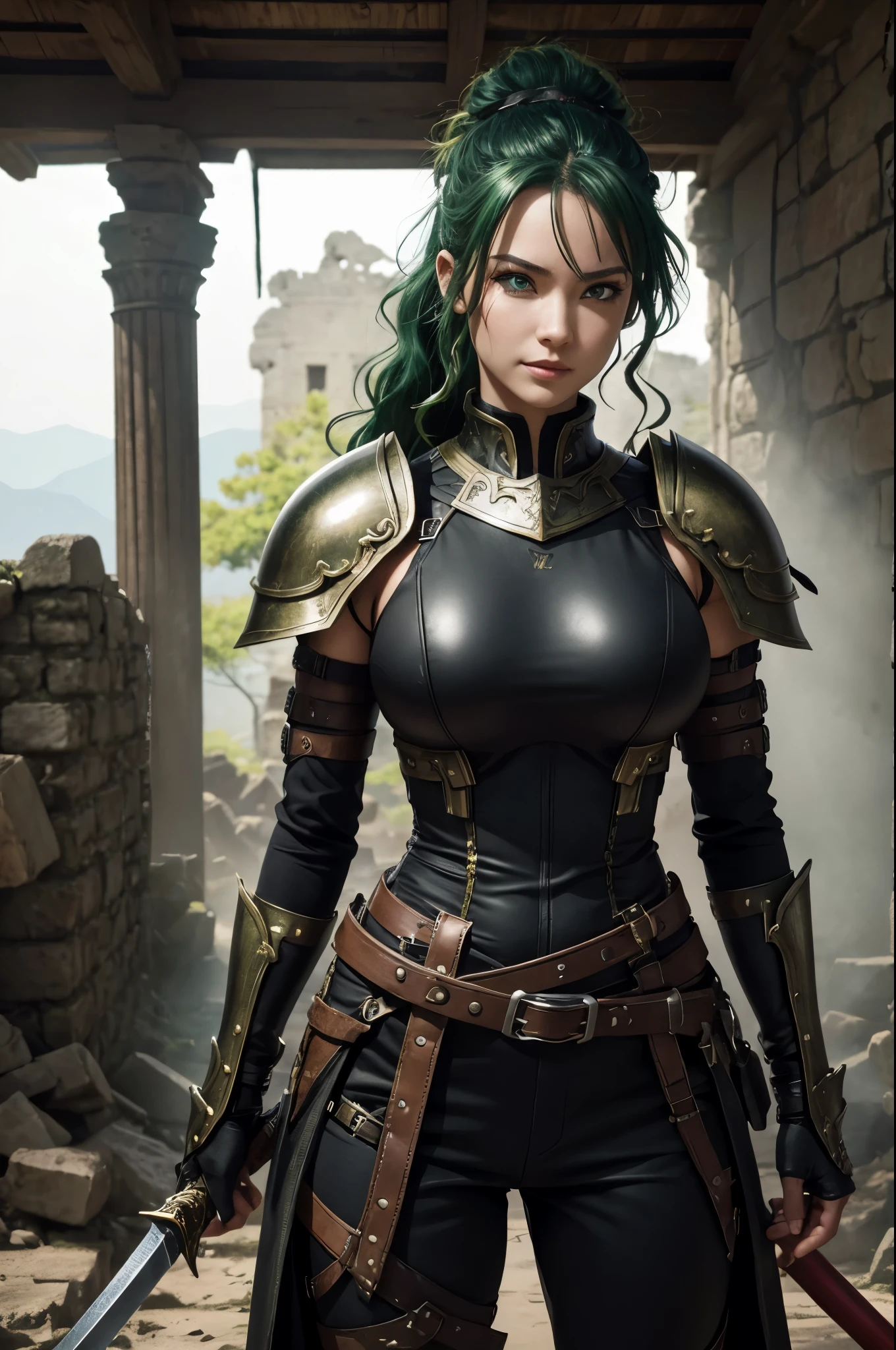 8K,Sexy medieval demon slayer in combat bondage outfit,Super beautiful(like the real thing),green eyes,Big eyes,green mohawk hair,black combat bondage pants,carry a long, large sword on one's back,fearless smile,detailed hazel eyes, sharp face, clear eyes, red lips, long bangs, short curly hair, blonde, 山の中の大きなIn front of the ruins, Upper body, sexy battle suit, military harness,luxurious black shoulder armor,Kovu black chest armor,masterpiece,Photorealistic RAW photos of the highest quality。bright colors,rich colors, Backlight, cinematic lighting, film grain, to be born, 50mm lens, Nikon D850,detailed character art,fantasy art,ultra high resolution,super realistic skin,perfect hand shape,In front of the ruins,dynamic pose,Close-up,