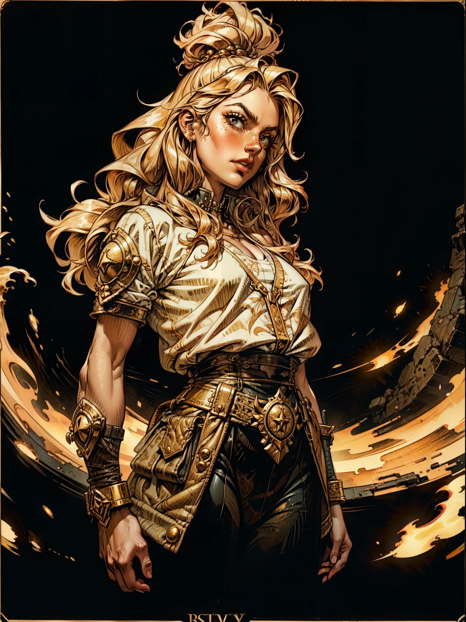 (best quality, masterpiece), (tarot, tarot card,:1.1), A post-apocalyptic warrior, uma mulher de 35 anos quase nua no estilo Simon Bisley para a capa da revista Heavy Metal, cabelo metade preto metade branco, Minimum clothing, roupas curtas, black background, golden, glorious, epic background, epic vibe, in the style of Druuna