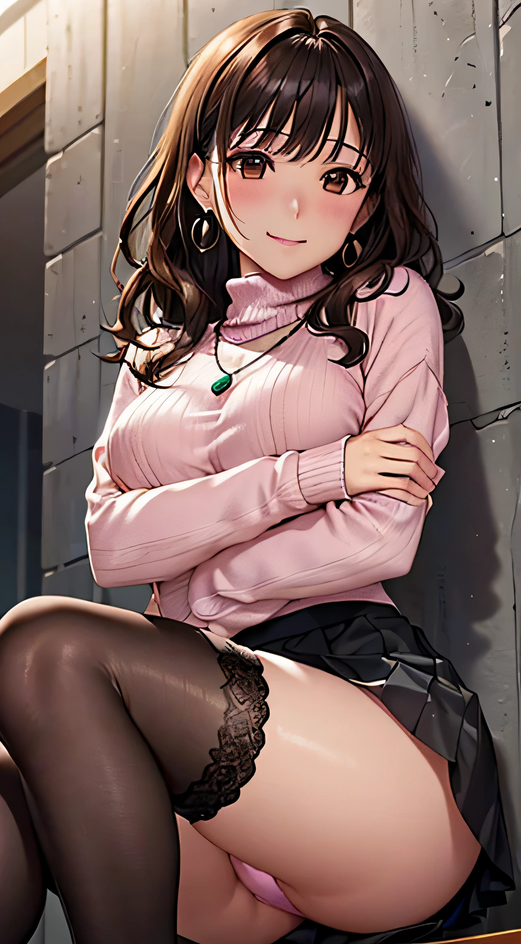 (table top, highest quality, High resolution, , perfect pixel, 4k,), 1 girl, single, alone, Beautiful woman、I could see the whole body、 ((wavy mid hair, bangs, brown hair)), ((brown eyes, beautiful eyelashes, realistic eyes)), ((detailed face, blush:1.2)), ((smooth texture:0.75, realistic texture:0.65, realistic:1.1, Anime CG style)), medium breasts, dynamic angle, perfect body, ((, female teacher, , earrings、necklace、turtleneck sweater、black flared skirt、black knee high stockings、open both legs wide、、shy smile、Sit on the floor、leaning forward)), Upper grade、、、evening、、(You can see white and pink lace panties、、(Bring your chest and arms together、Lift up your skirt and show your panties、The wind blows up my skirt)、angle from below)、
