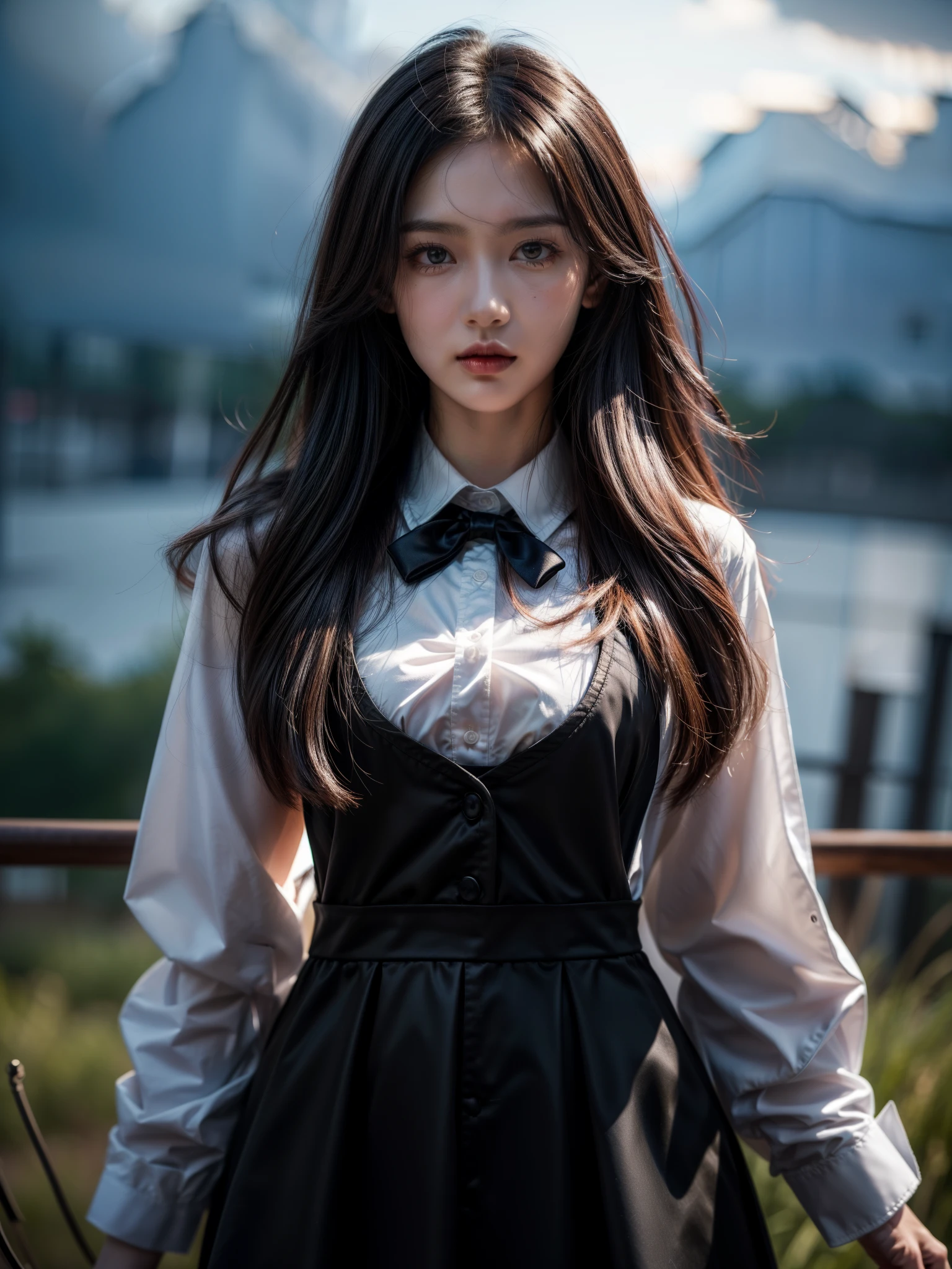 (Hyper-realistic), (Illustration), (High resolution), (8K), (Extremely detailed), (Best Illustration), Yol ( chain saw man ), (Beautiful detailed eyes), (Best Quality), (Ultra-detailed), (masutepiece), (Wallpaper), (Detailed face), Solo, Upper body, Focus on Face, 1 girl, Long Black Hair, Korean, Thin eyeshadow, A detailed eye, Brown eyes, Small moles under the eyes, very slender legs,Long sleeve shirt, Neckbow, Small breasts,Black leather shoes,pinafore dress, Dynamic Pose, low illuminance, Night, Dark, Clouds, a dark night,sit on sofa,Drinking black tea,
