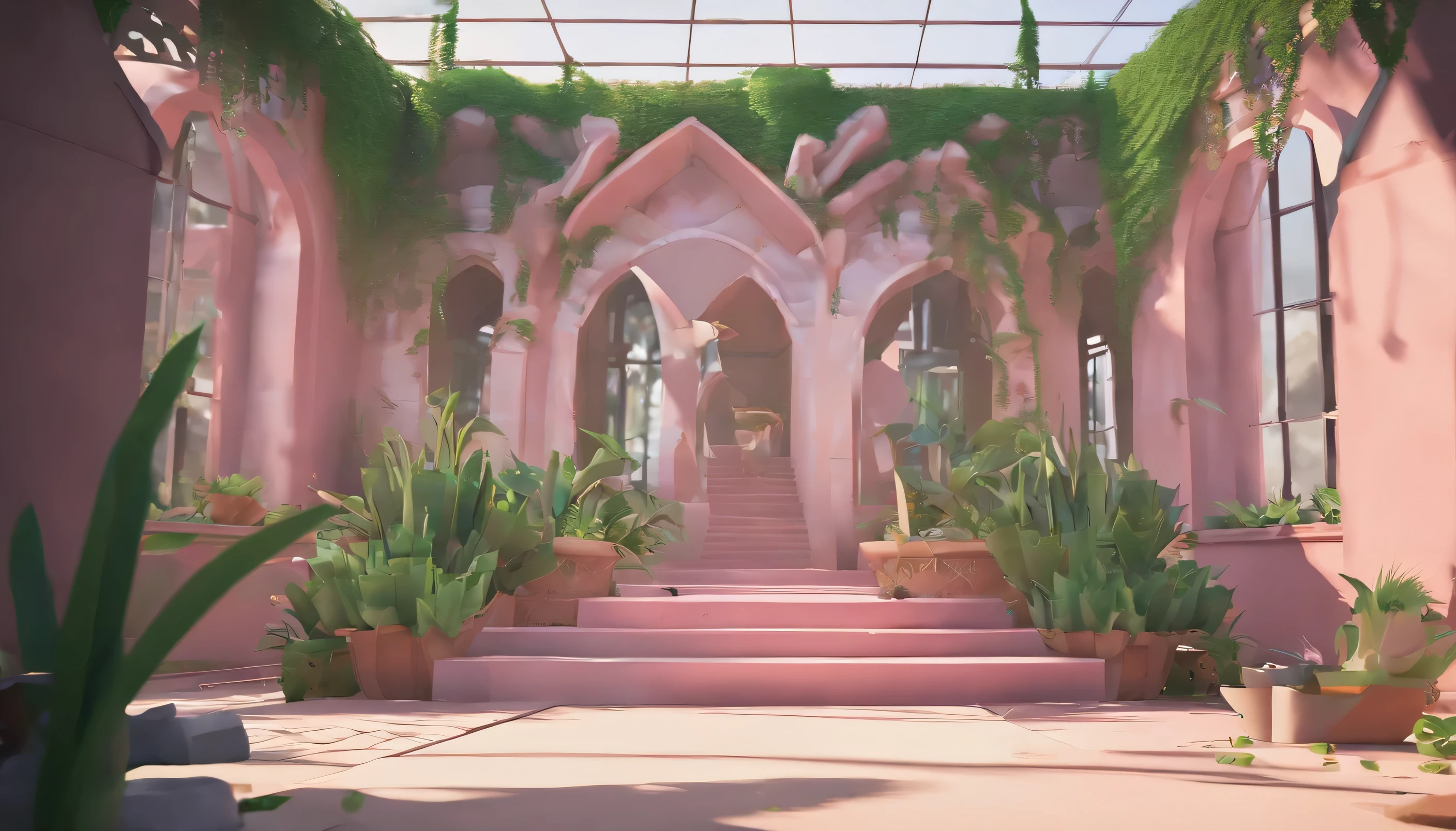 (best quality,4k,8k,high resolution,masterpiece:1.2),super detailed,(actual,photoactual,photo-actual:1.37)a dilapidated house,open ruins,Lots of accompanying plants on the floors and walls,creative composition, Subtle color scheme, Tasteful minimalism,pink color scheme