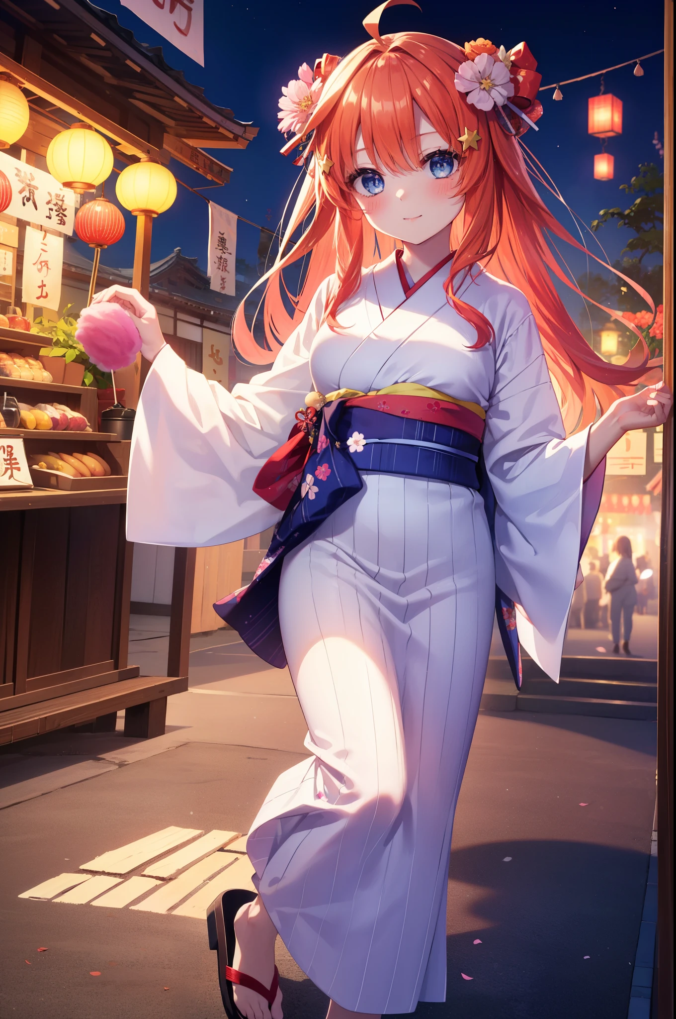 itsukinakano, Itsuki Nakano, bangs, blue eyes, hair between eyes, Ahoge, redhead, star \(symbol\), hair ornaments, star hair ornaments,Akabu glasses,smile,blush,happy atmosphere,long hair,tie back hair,red floral yukata,long skirt,Zori sandals,Girl in yukata with cotton candy at festival,japanese festival,summer festival stalls,Red lantern,night,So that the whole body goes into the illustration, Looking up,
break indoors, shrine,
break (masterpiece:1.2), highest quality, High resolution, unity 8k wallpaper, (shape:0.8), (fine and beautiful eyes:1.6), highly detailed face, perfect lighting, Very detailed CG, (perfect hands, perfect anatomy),
