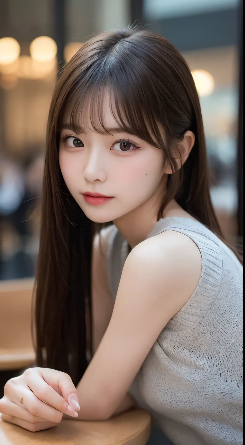 small details, High resolution, high quality、完璧なダイナミックな構figure, beautiful and delicate eyes, medium hair, 、natural color lips,Jobu Riku Cuckoo、20 year old girl、1 person、transparent skin、shining hair、on the table, 最high quality, figure, Super detailed, small details, High resolution, 8k、correct state of the human body、please strike a cute pose,ponytail,,perfect beautiful face,KPOP idol face,There is a feeling of ecstasy on the face,light gray knit dress,background blur,Randomly dressed as a female model'fashion magazine,(Beautiful 5 fingers:1.3)