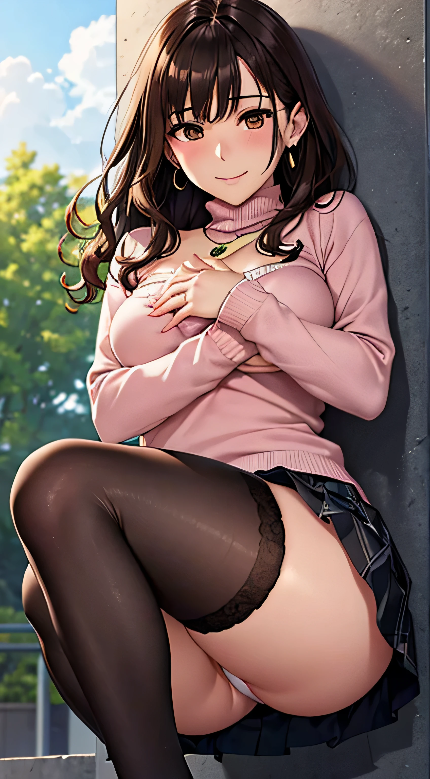 (table top, highest quality, High resolution, , perfect pixel, 4k,), 1 girl, single, alone, Beautiful woman、I could see the whole body、 ((wavy mid hair, bangs, brown hair)), ((brown eyes, beautiful eyelashes, realistic eyes)), ((detailed face, blush:1.2)), ((smooth texture:0.75, realistic texture:0.65, realistic:1.1, Anime CG style)), medium , dynamic angle, perfect body, ((, female teacher, , earrings、necklace、turtleneck sweater、black flared skirt、black knee high stockings、open both legs wide、、shy smile、Sit on the floor、leaning forward)), Upper grade、、、evening、、(You can see white and pink lace pantiesg your chest and arms together、Lift up your skirt and show your panties、The wis up my skirt)、angle from below)、