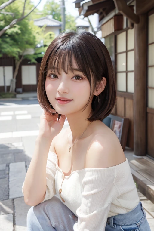 Echiechi, Constricted body, Rumor, adult woman, 30 generations, beautiful detailed eyes, short bob hair, best quality, masterpiece, Layer Bob Hair, Moist eyes, Pixie Cut, Awesome pose, long eyes, brown eyes, brown eyes, smile, smiling, real, glossy lips, Chubby lips, Japanese, natural makeup, Kaede Fua, small ass, slender face, professional lighting, cowboy shot, 8 heads and bodies, selfie, Menes, baby doll,