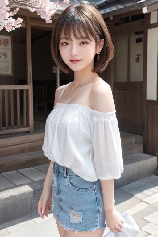 (8k、Raw photo、highest quality)、(realistic、Photoreal:1.37)、Face Detail Textures、超A high resolution、white off shoulder、denim mini skirt、photographed from a distance、Full body reflection、Reflected to the toes、美しいjapanese woman、ゴージャスなyoungjapanese woman、美しいyoung女性と、Asian、japanese woman、Nam Jae Young、Beautiful Asian Girl Ever、young、adorable、Ulzzang、cute face of girl、Portrait of a female idol in Japan、very beautiful girl、spring park、grinning