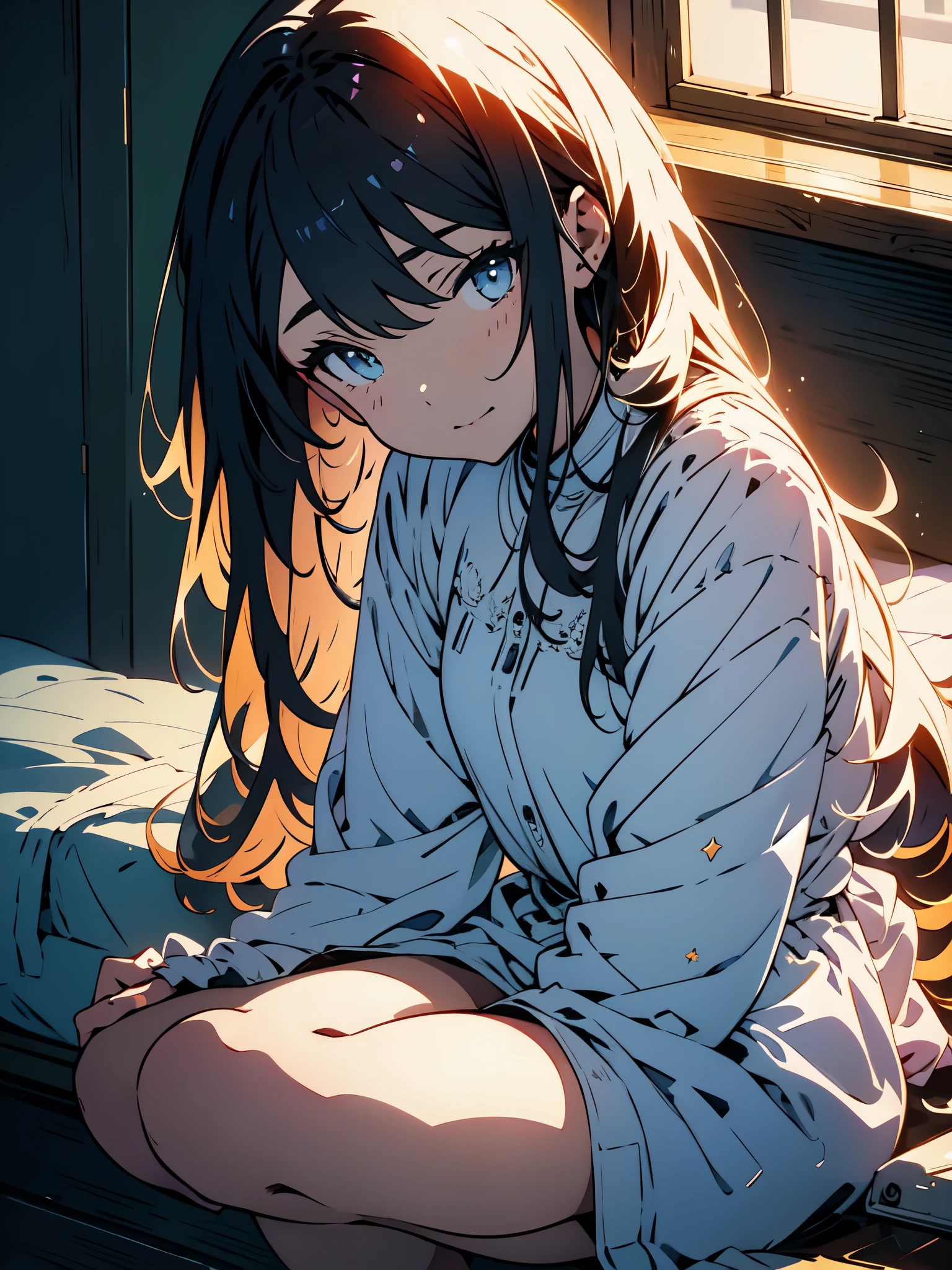 (masterpiece, 、High resolution、highest quality),(Shining eyes、Kirasta), alone, 1 girl, cute、lace underwear、Sitting with Knees Up on bed, spread legs、beautiful anime