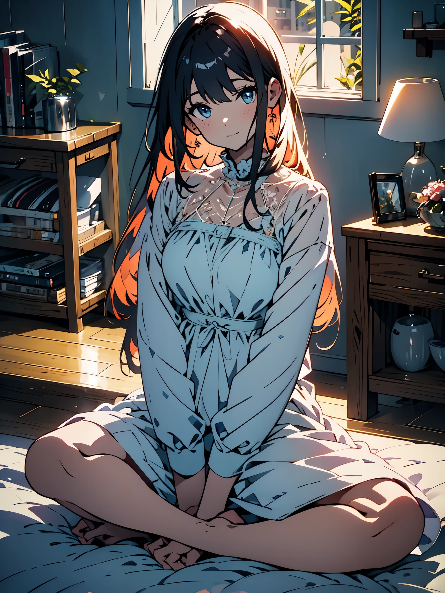 (masterpiece, 、High resolution、highest quality),(Shining eyes、Kirasta), alone, 1 girl, cute、lace underwear、Sitting with Knees Up on bed, spread legs、beautiful anime