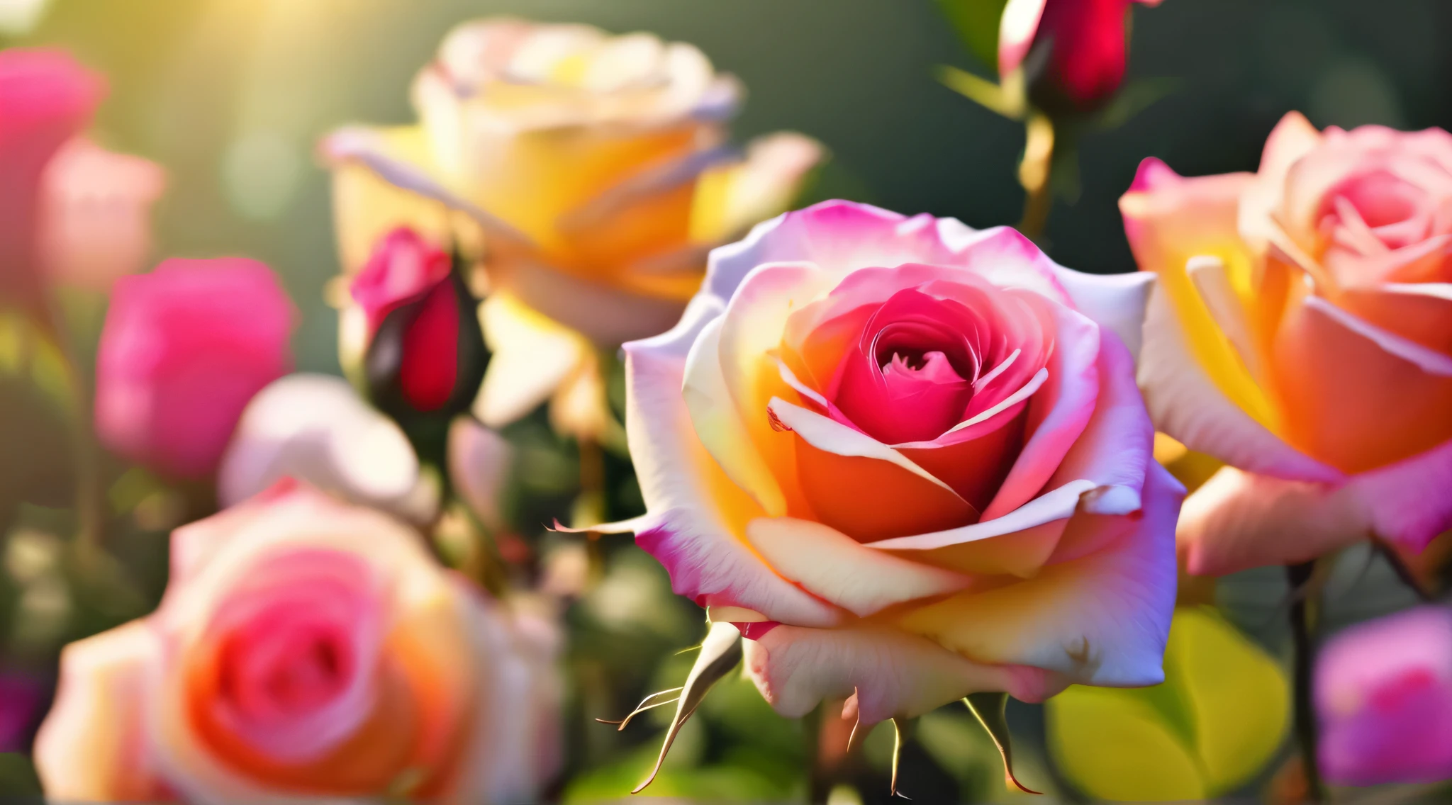 Many different color rose flowers in the garden and sunlight with bokeh, there are many different colored roseasterpiece, ultra quality, high resolution, 8k, intricate: 1.2), (masterpiece), (best quality:1)