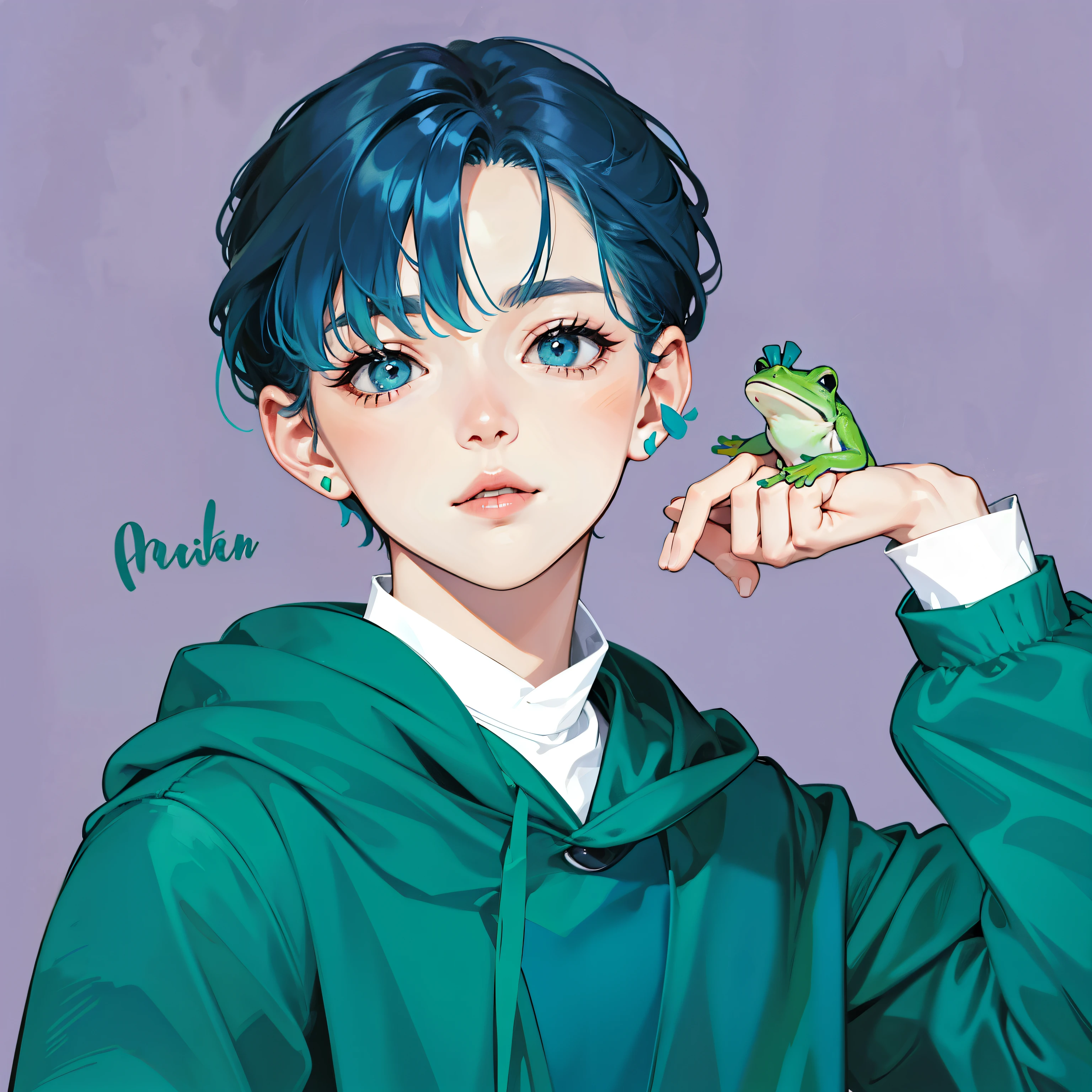 A woman with blue hair and a green frog in her hand、real photos