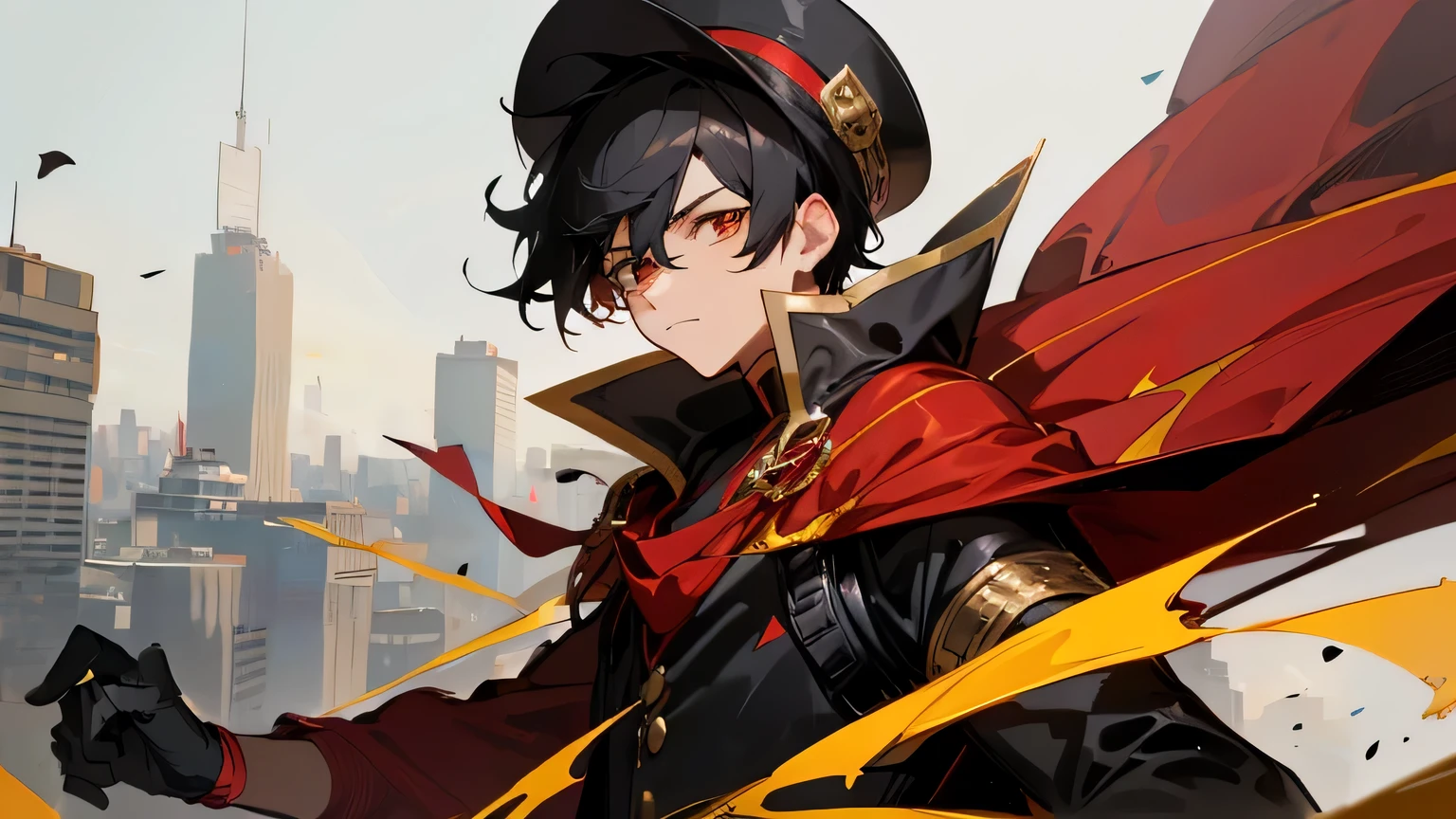 black hair,gold eyes, Red/Black cape, red longsleeved shirt, jordan 11 retro black, black Nike backpack,young male, red gloves, City background, backwards black hat((best quality)), ((masterpiece)), (detailed), perfect face, upper body, (Closed mouth:1.1), (wide Open eyes:1.2),Serious expression