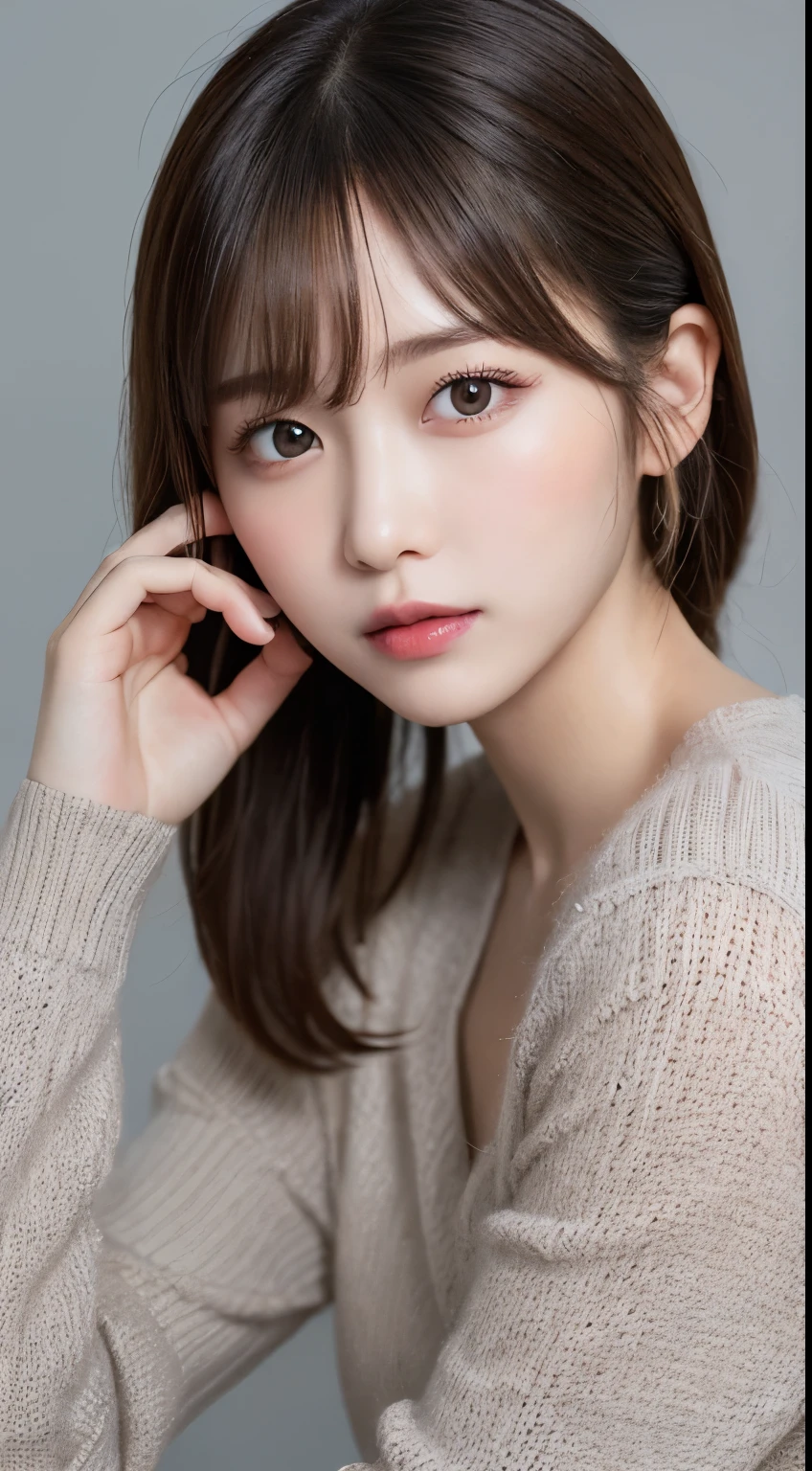 small details, High resolution, high quality、完璧なダイナミックな構figure, beautiful and delicate eyes, medium hair, 、natural color lips,Jobu Riku Cuckoo、20 year old girl、1 person、transparent skin、shining hair、on the table, 最high quality, figure, Super detailed, small details, High resolution, 8k、correct state of the human body、please strike a cute pose,ponytail,,perfect beautiful face,KPOP idol face,There is a feeling of ecstasy on the face,light gray knit dress,background blur,Randomly dressed as a female model'fashion magazine