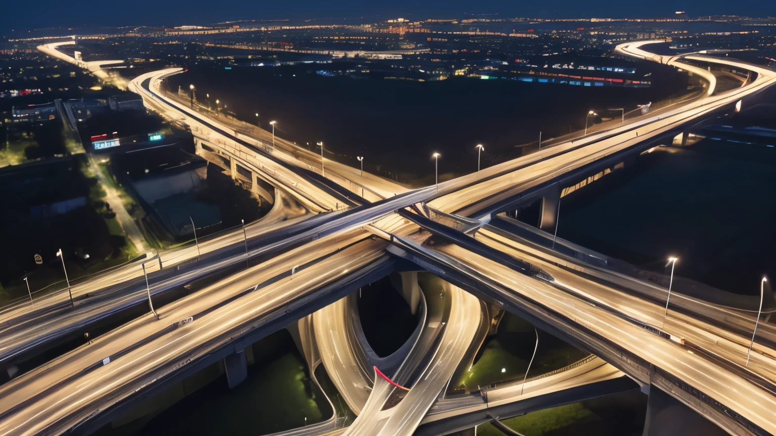 Aerial view of a complex highway junction at night