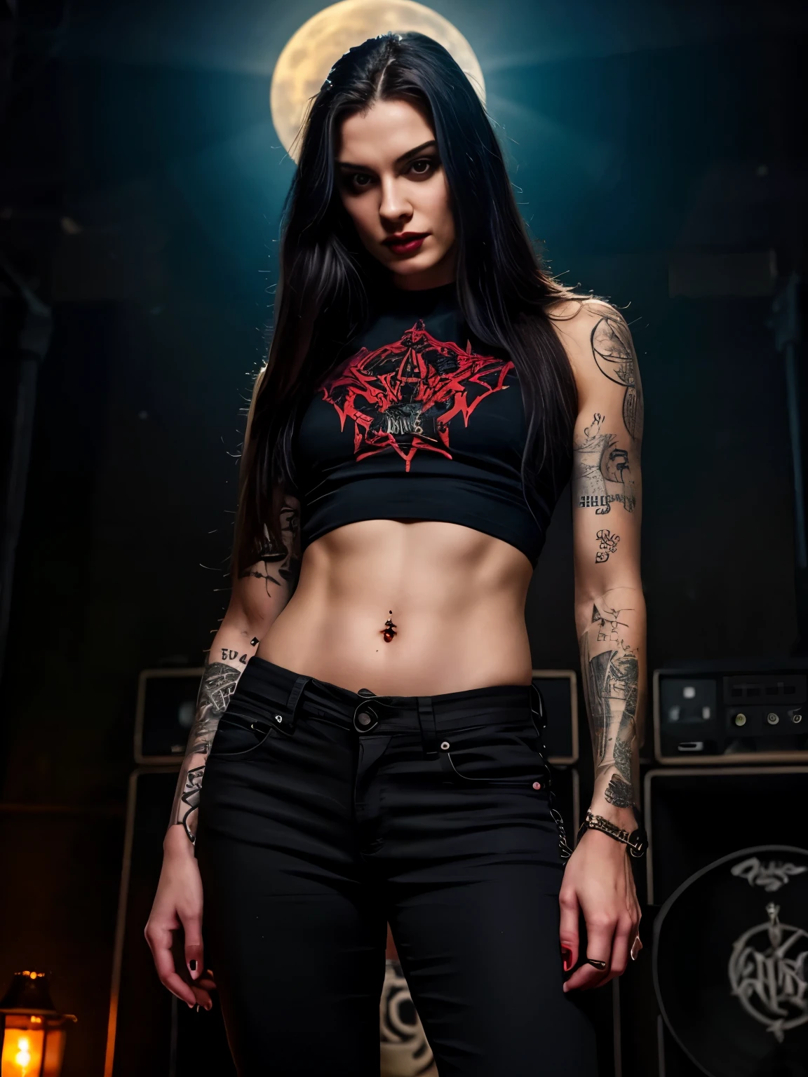 Best Quality,Masterpiece,Ultra High Resolution,(Realisticity:1.4),Original Photo,Cinematic Lighting, 1girl, solo, Metalhead Style girl at night under the moonlight, tattooed, wearing ripped black pants, black clothes, fit body, heavy metal style, heavy metal art style, angry gorgeous goddess, female vampire warrior, heavy metal concert background. realistic, datailed, detailed face, 4K.