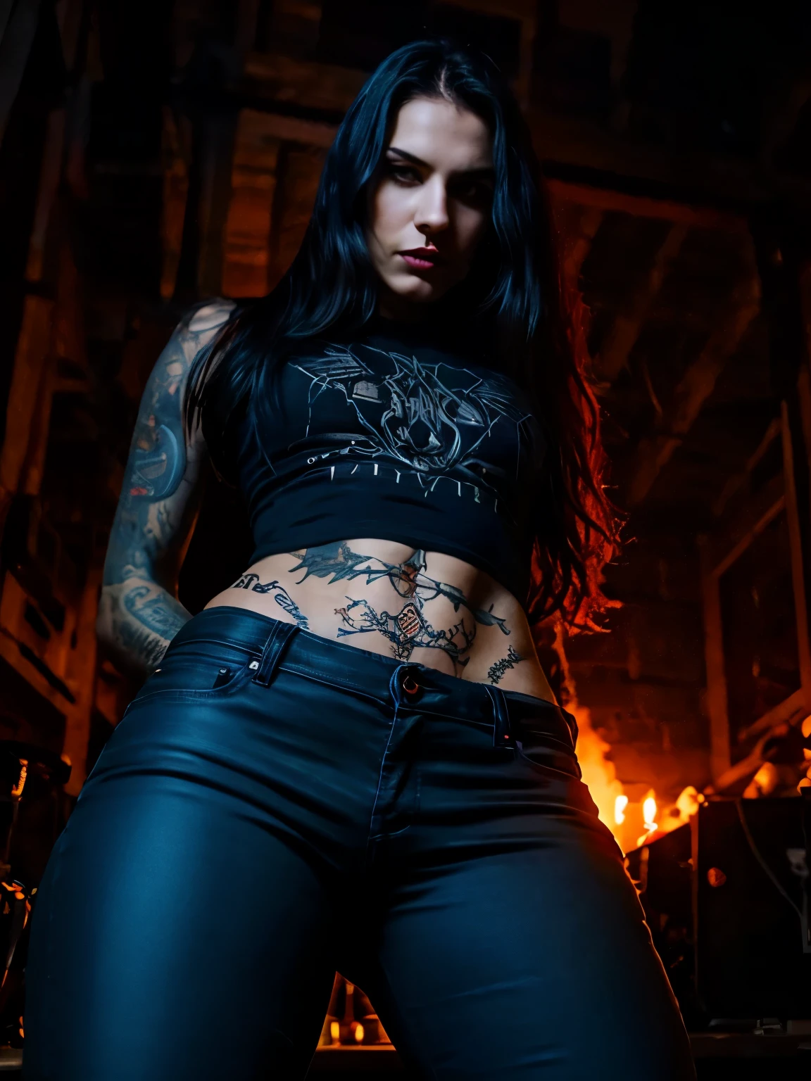 Best Quality,Masterpiece,Ultra High Resolution,(Realisticity:1.4),Original Photo,Cinematic Lighting, 1girl, solo, Metalhead Style girl at night under the moonlight, tattooed, wearing ripped black pants, black clothes, fit body, heavy metal style, heavy metal art style, angry gorgeous goddess, female vampire warrior, heavy metal concert background. realistic, datailed, detailed face, 4K.