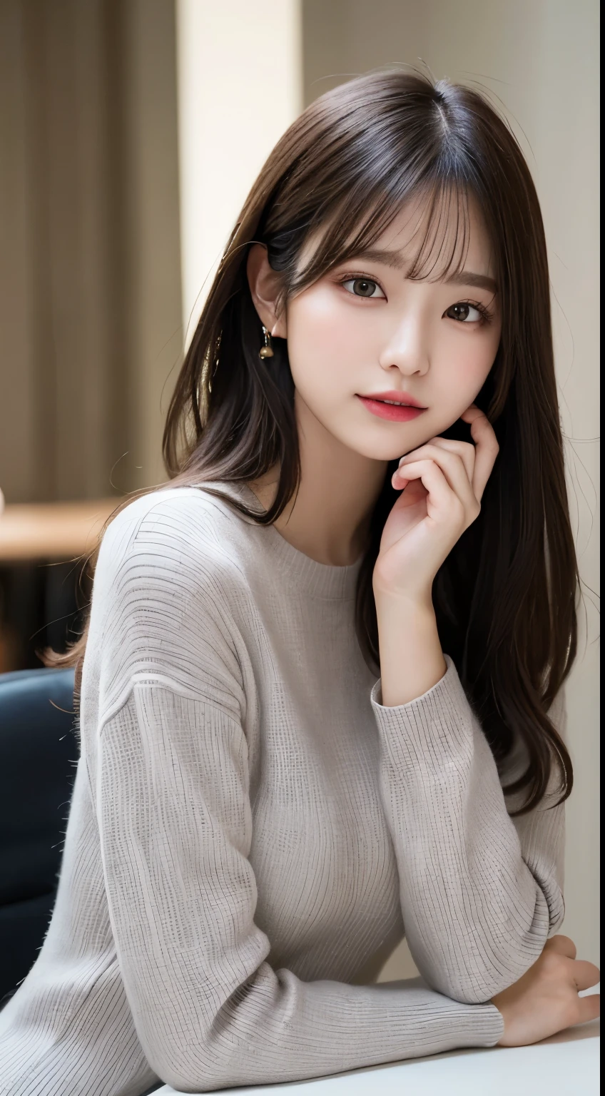 small details, High resolution, high quality、完璧なダイナミックな構figure, beautiful and delicate eyes, medium hair, 、natural color lips,Jobu Riku Cuckoo、20 year old girl、1 person、transparent skin、shining hair、on the table, 最high quality, figure, Super detailed, small details, High resolution, 8k、correct state of the human body、please strike a cute pose,ponytail,,perfect beautiful face,KPOP idol face,There is a feeling of ecstasy on the face,light gray knit dress,background blur,Randomly dressed as a female model&#39;fashion magazine