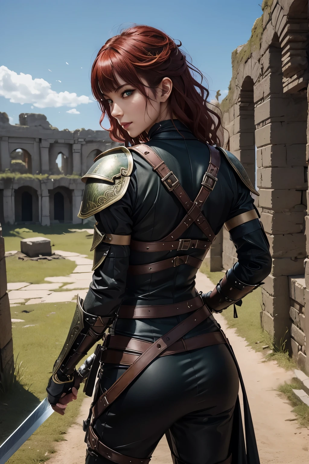 8K,Sexy medieval demon slayer in combat bondage outfit,Super beautiful(like the real thing),green eyes,Big eyes,green mohawk hair,black combat bondage pants,carry a long, large sword on one's back,fearless smile,detailed hazel eyes, sharp face, clear eyes, red lips, long bangs, short curly hair, blonde, 山の中の大きなIn front of the ruins, Upper body, sexy battle suit, military harness,luxurious black shoulder armor,Kovu black chest armor,masterpiece,Photorealistic RAW photos of the highest quality。bright colors,rich colors, Backlight, cinematic lighting, film grain, to be born, 50mm lens, Nikon D850,detailed character art,fantasy art,ultra high resolution,super realistic skin,perfect hand shape,In front of the ruins,dynamic pose,Close-up,