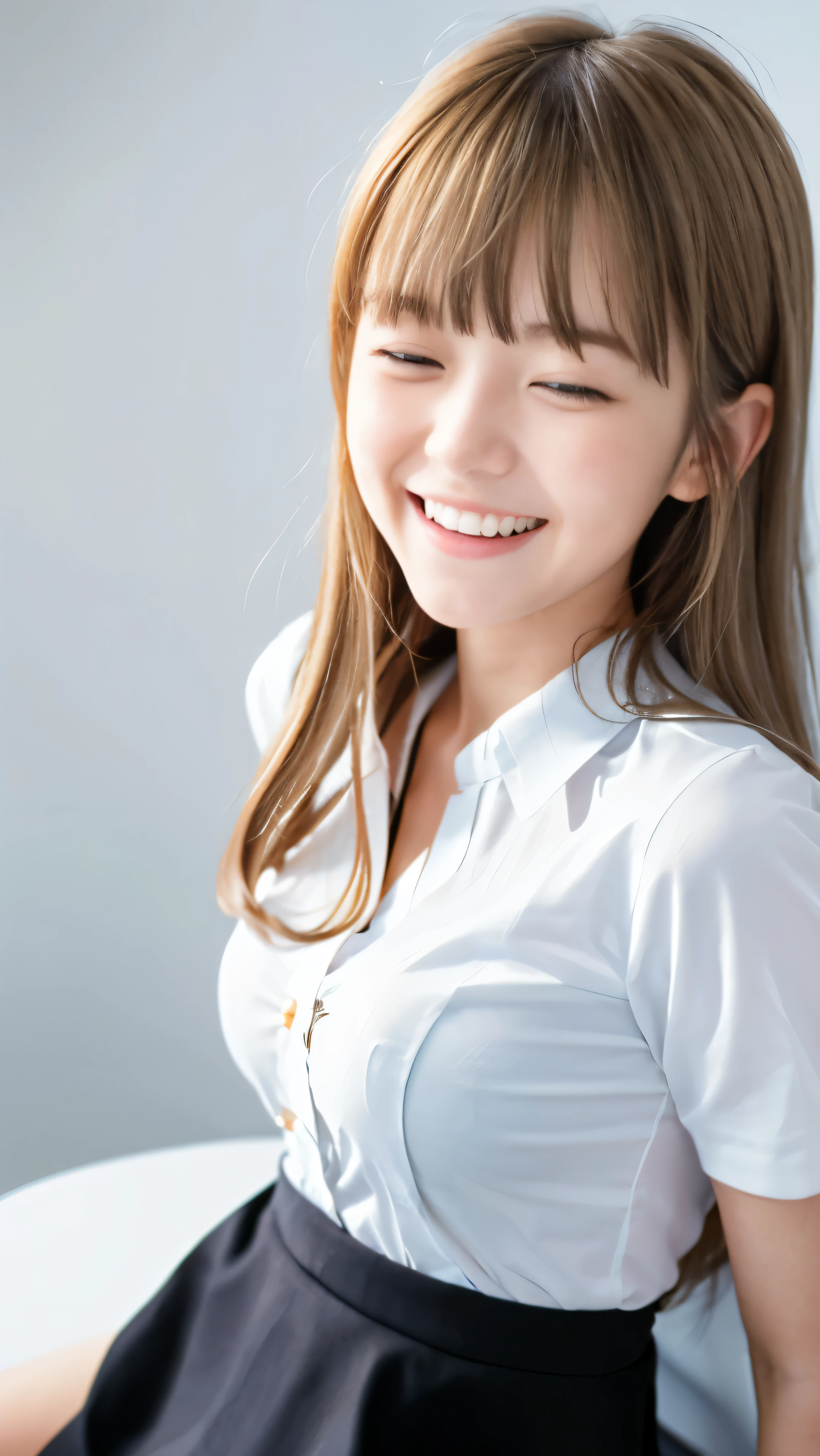 (Dressed in a white shirt and black skirt、Close-up of the face of a slender small-breasted half-up girl with long blonde hair with bangs:1.5)、(Blonde haired girl is smiling with her eyes closed and mouth open:1.5)、(white background:1.5)、(blurred background:1.5)、(perfect anatomy:1.5)、photorealistic stick、RAW photo、table top、highest quality、High resolution、delicate and beautiful、perfect face、delicate and beautiful目元の空気肌、real human skin、((thin legs))