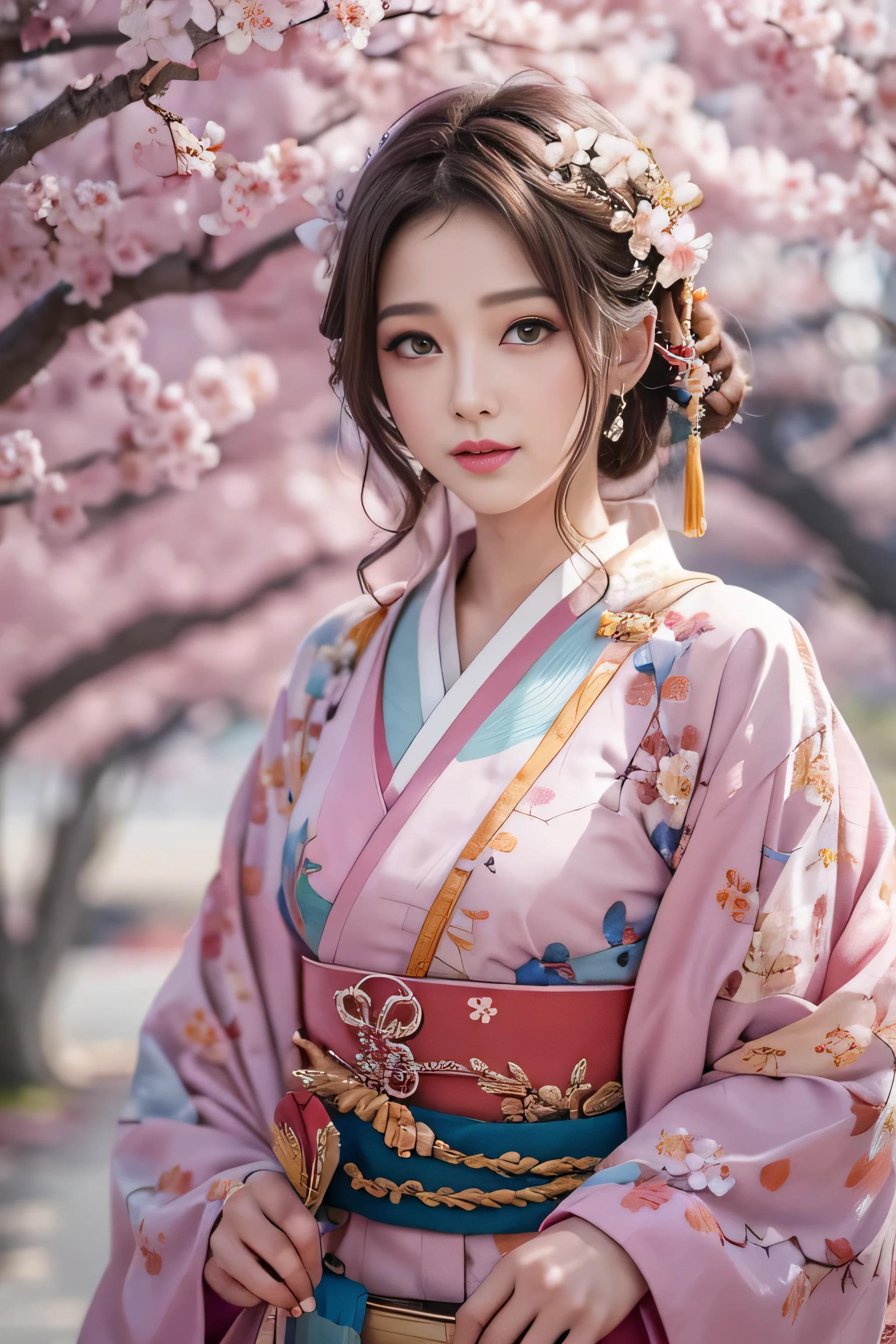 (A girl walking along a row of cherry blossom trees),highest quality、High resolution、Super detailed、masterpiece、(Live shooting:1.5)、genuine:1.5、photogenuineistic:1.5、very delicate and beautiful、small details、1 female、Early 20s、(super beautiful)、(beautiful face:1.5)、(detailed face:1.5)、graduation ceremony、Haori、in the same way,(Hanabubuki)、