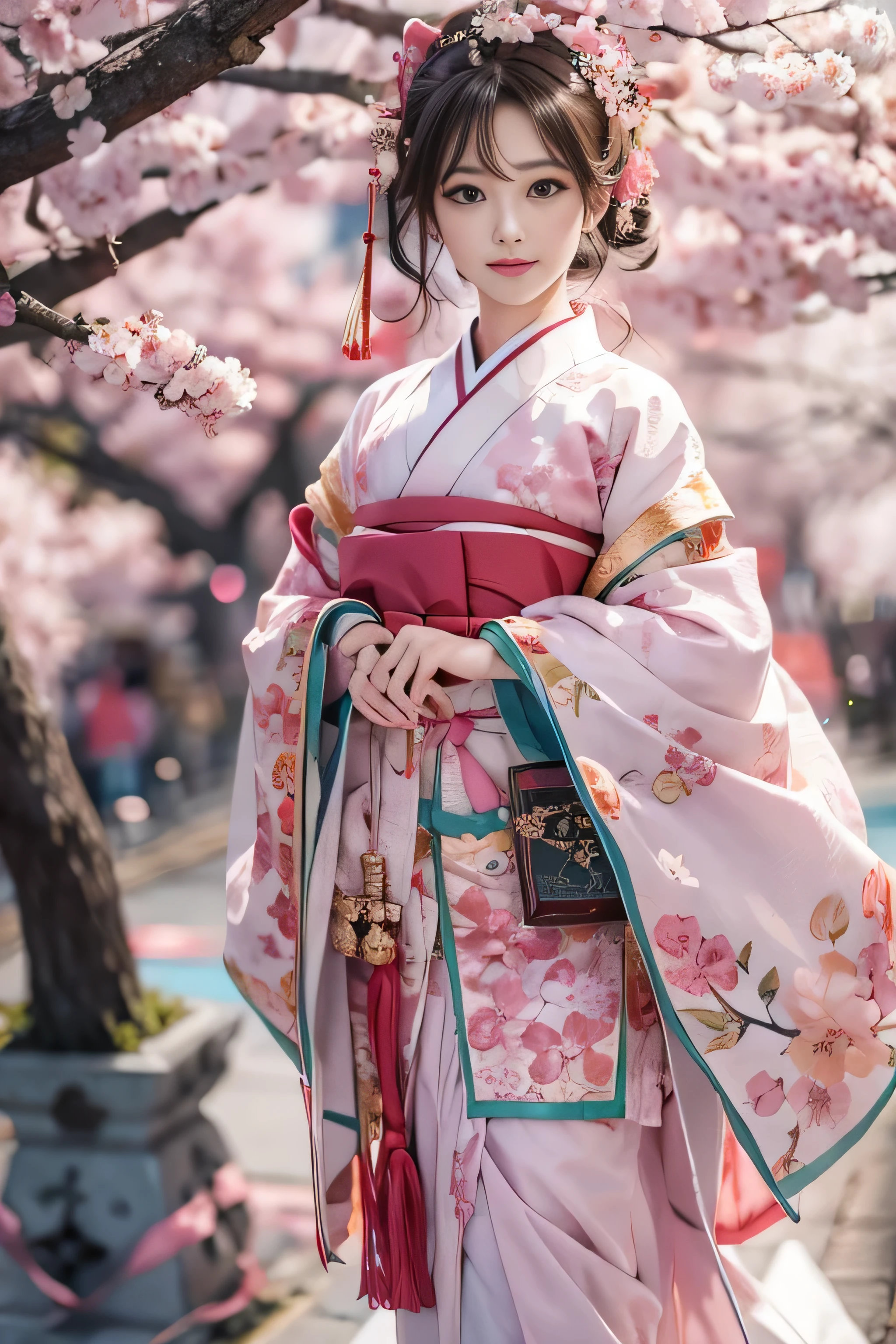 (A girl walking along a row of cherry blossom trees),highest quality、High resolution、Super detailed、masterpiece、(Live shooting:1.5)、genuine:1.5、photogenuineistic:1.5、very delicate and beautiful、small details、1 female、Early 20s、(super beautiful)、(beautiful face:1.5)、(detailed face:1.5)、graduation ceremony、Haori、in the same way,(Hanabubuki)、