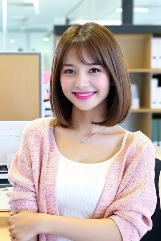 highest quality,Ultra fine,real,from the front,Upper body,sight,1 girl,20th generation,cute,smile,brown hair,short bob,white blouse,pink cardigan,Medium chest,Slender body type,office