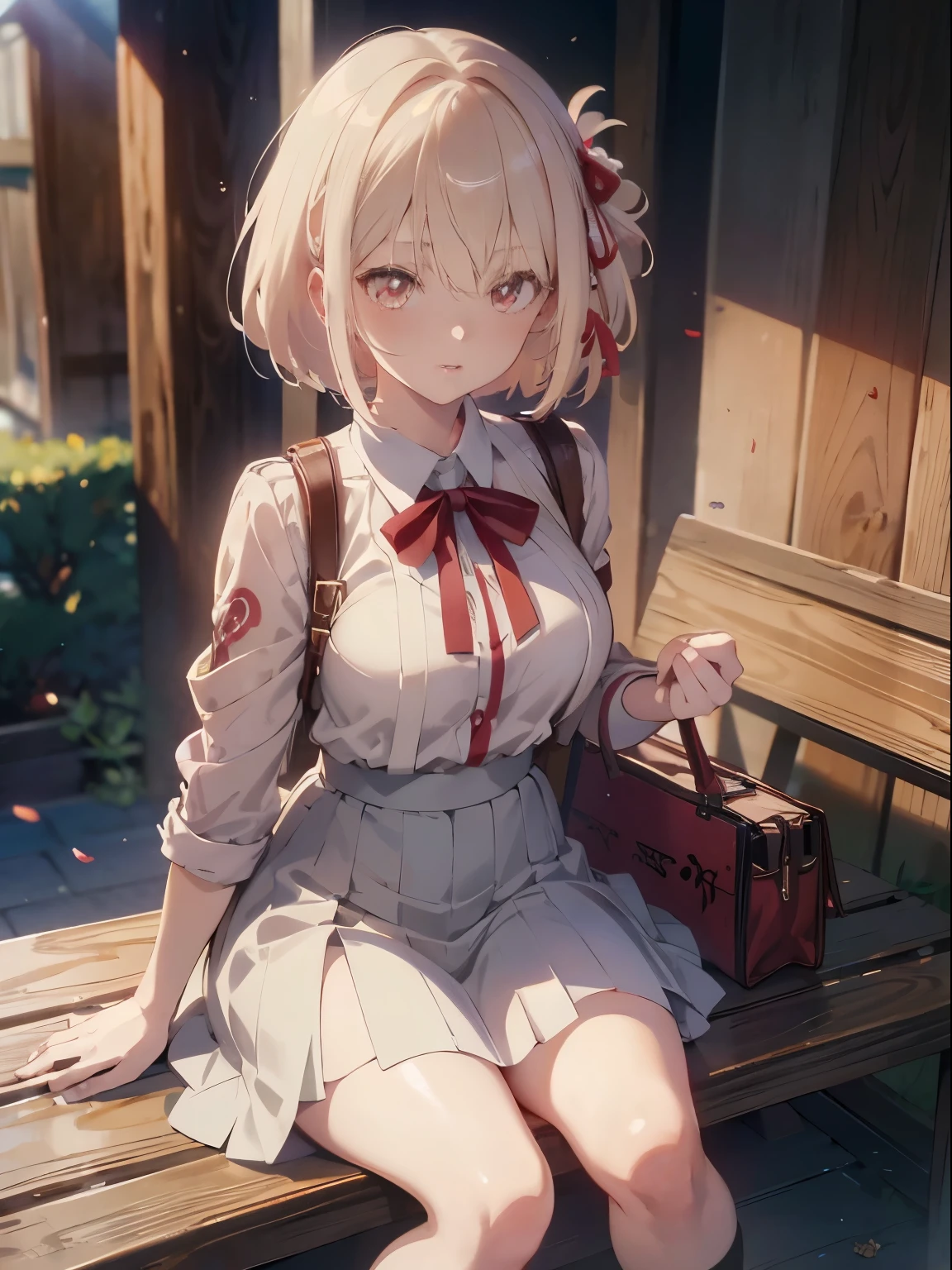 platinum-blonde,Medium Hair,Red-eyed,Senzoku Nishikiki,Anime girl sitting on licorice recoil bench and taking pictures, Beautiful anime girl, Cute anime girl, Anime visuals of cute girls, (Anime Girl), Anime Girl,Anime art wallpaper 8k