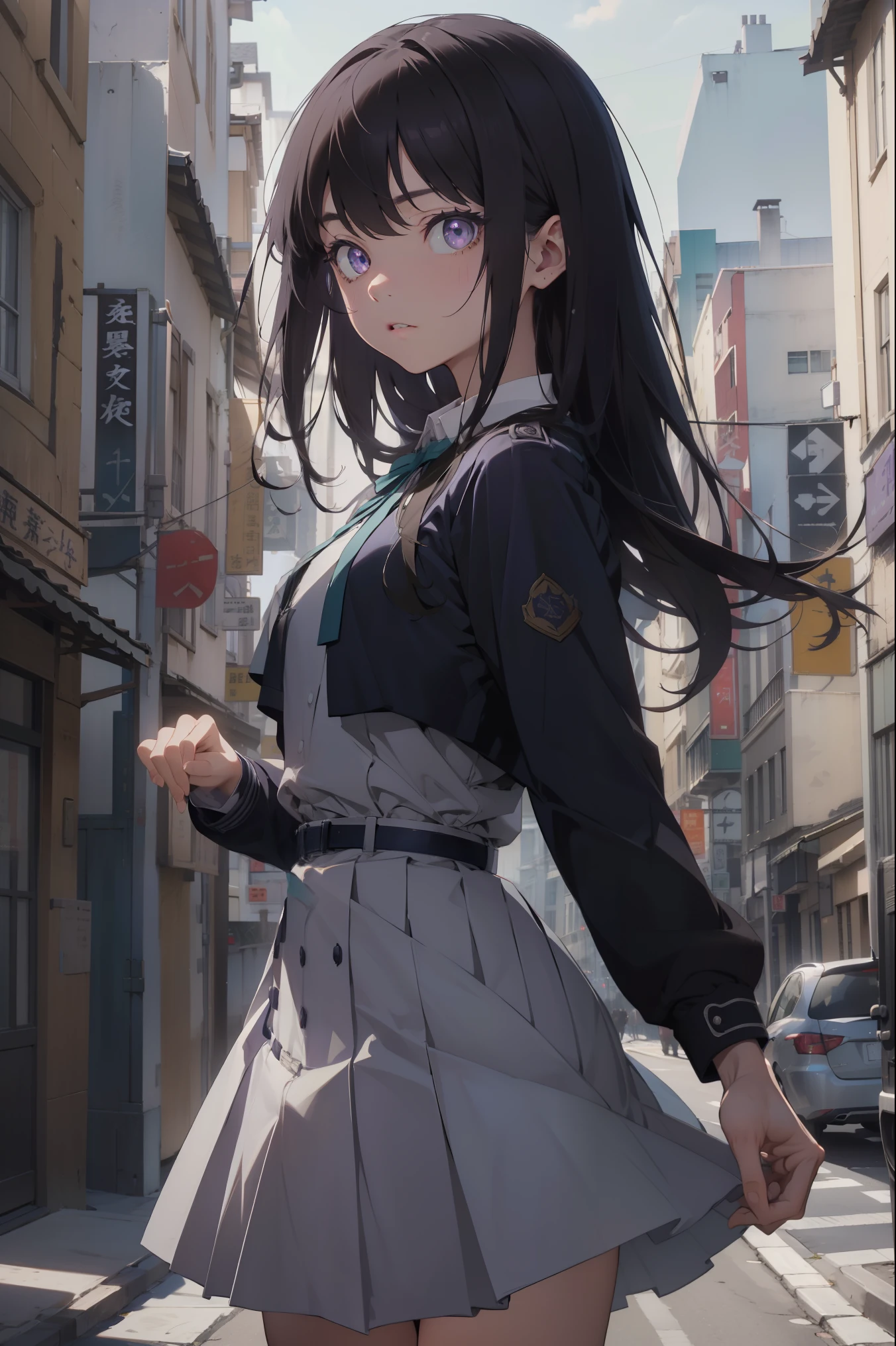 takinainoue, inoue takina, long hair, bangs, black hair, (purple eyes:1.2), BREAK shirt, long sleeves, dress, ribbon, school uniform, white shirt, collared shirt, belt, neck ribbon, blue dress, green ribbon, pleated dress, grey dress, two-tone dress, blue belt, lycoris uniform, BREAK outdoors, city, BREAK (masterpiece:1.2), best quality, high resolution, unity 8k wallpaper, (illustration:0.8), (beautiful detailed eyes:1.6), extremely detailed face, perfect lighting, extremely detailed CG, (perfect hands, perfect anatomy),