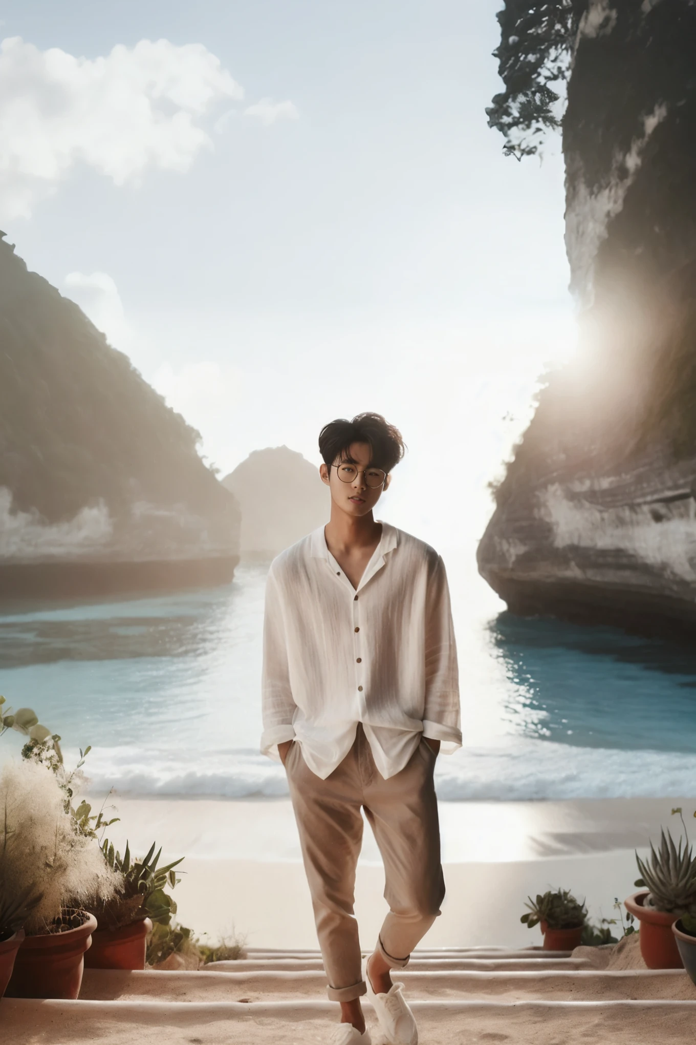 arafed man standing on a beach with a view of the ocean, siwoo kim, sun-hyuk kim, inspired by Kim Myeong-guk, wearing a linen shirt, tsunami behind him, jinyoung shin, korean artist, key still, inspired by Kim Eung-hwan, wonbin lee, seseon yoon, inspired by Joong Keun Lee