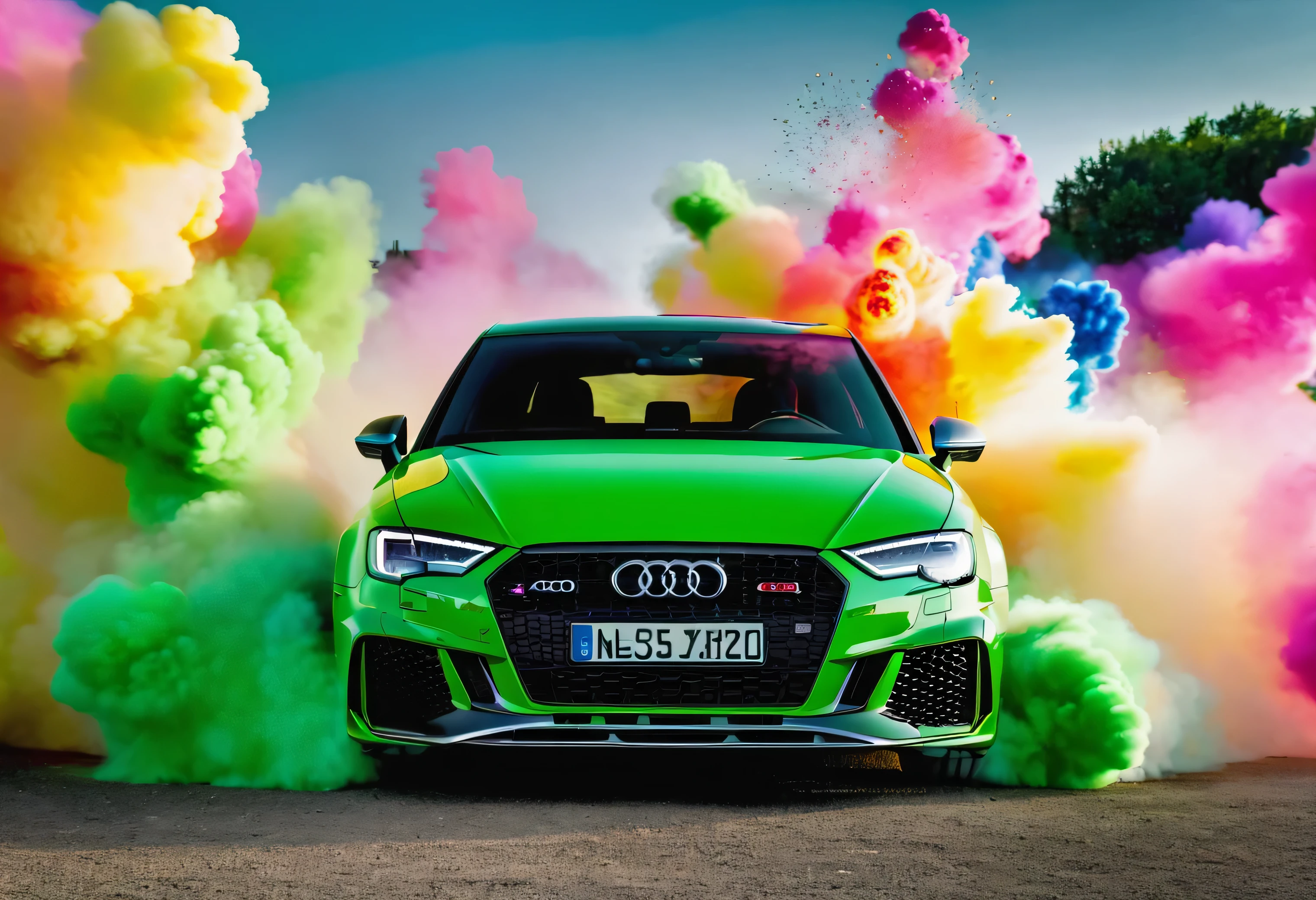 Audi Rs3, 2020, couleur vert, photo studio, vue de face, multicolored explosions in the background