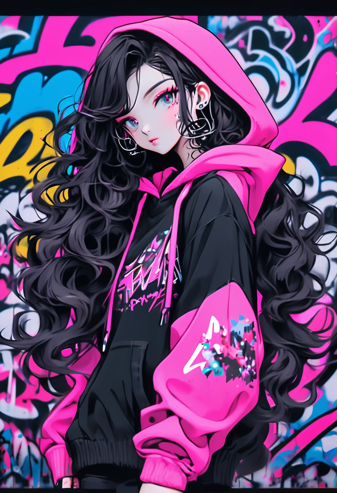 A unique e-girl with a neon pink hoodie, her hair styled in black long, wavy hair, standing in front of a graffiti-covered wall. cosmic theme.