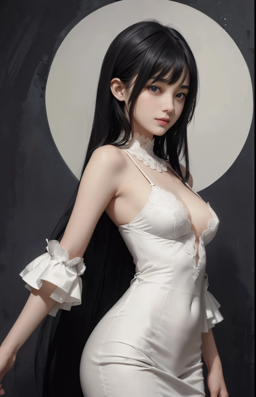 (surreal), (shape), (Improved resolution), (8k), (very detailed), (Best shape), (beautiful and detailed eyes), (highest quality), (Super detailed), (masterpiece ), ( wallpaper), (detailed face), 1 girl, , white dress,  lace chest,  big breasts, looking at the viewer, small details, detailed face, in the dark, deep shadow, private key, Pure erotic face ace_v1, smile, long hair, black straight hair , 46 point diagonal bangs