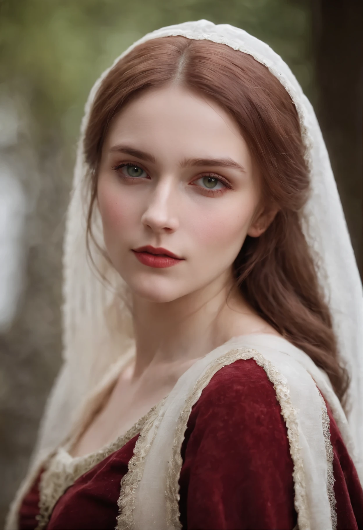 (((a deep reddish wound crosses her left cheek))) fair complexion, woman around 19 years old, natural white hair, distinctive green eyes, wearing kohl, slender and graceful, beautiful, candlelight in a medieval setting, ultra sharp focus, realistic shot, medieval female clothes, tetradic colors (scar:1.4)