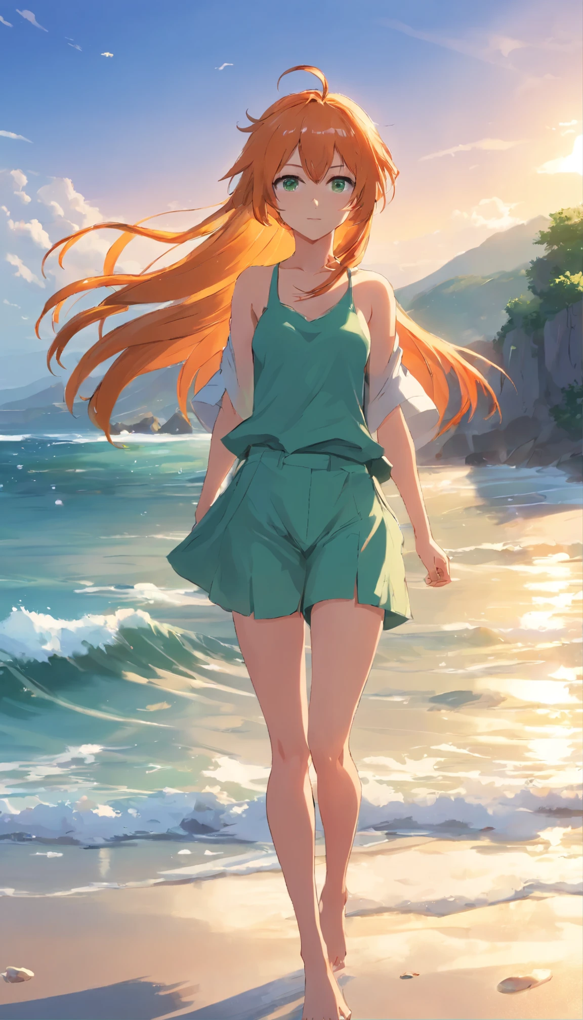 anime girl with long orange hair standing on beach near ocean, green eyes detailed digital anime art, anime girl with long hair, smooth anime cg art, anime girl with long hair, digital anime art, artwork in the style of guweiz, beautiful anime portrait, photorealistic anime girl render, beautiful anime girl, advanced digital anime art, guweiz on artstation pixiv HD UHD HQ
