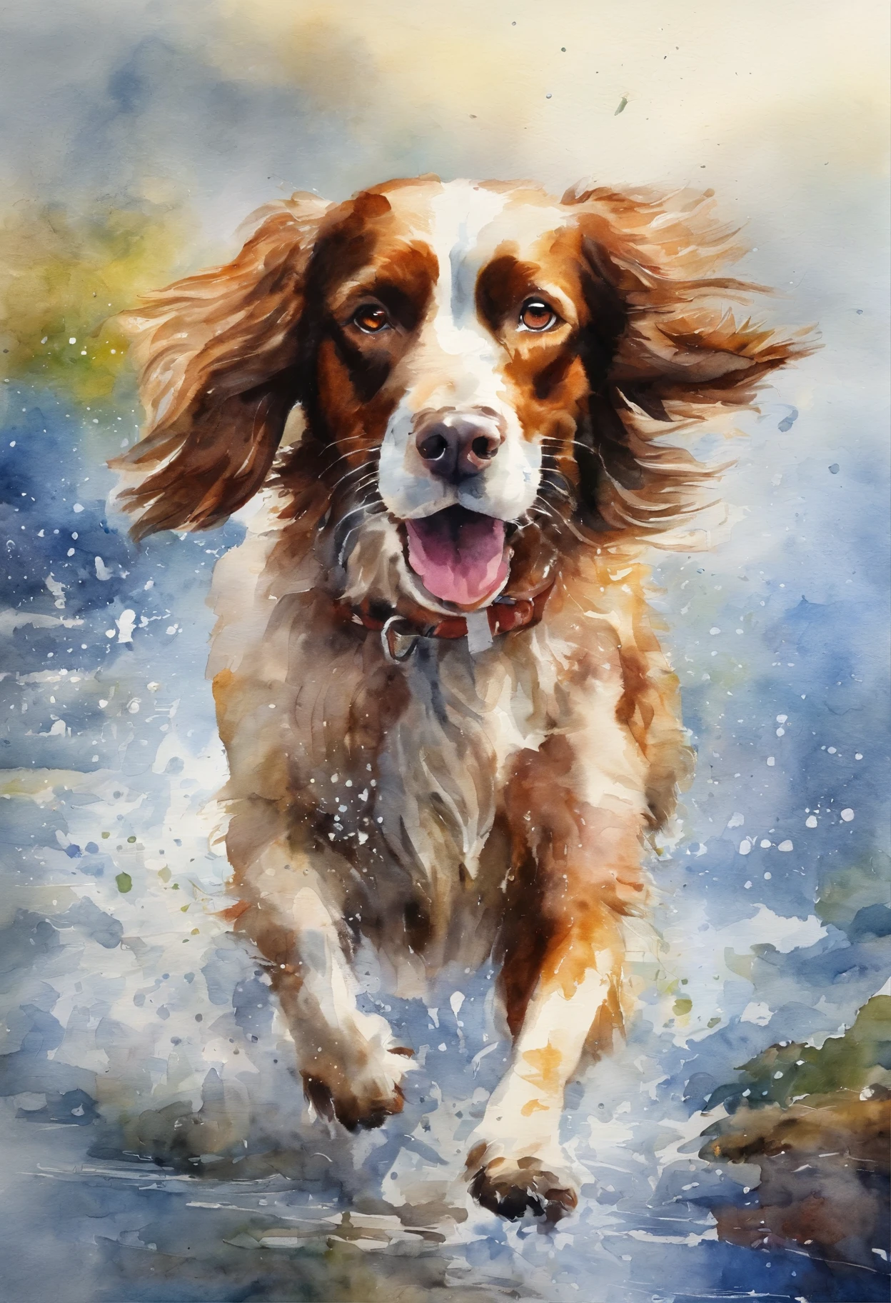 Ellie, dog breed спрингер spaniel, Sun, Vesna, March,  field, running, river, spray, clouds