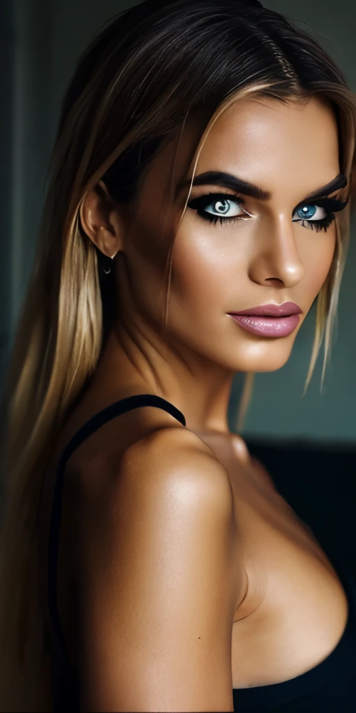 (best quality, masterpiece:1.2), highly detailed portrait of a woman with a perfect body, dressed in a sexy mini skirt, in a bedroom setting. The woman's exposed midriff is emphasized, and she exudes confidence and sensuality. Her mesmerizing eyes, luscious lips, and flawlessly applied makeup add to her allure. The detailed rendering captures every curve and subtle imperfection, showcasing the beauty of the human form. The lighting highlights her features, creating a striking play of shadows and highlights. The color palette is vibrant and saturated, with a mix of warm and cool tones that enhance the mood. The artwork is created using a mix of traditional and digital techniques, resulting in a visually captivating and realistic portrayal.