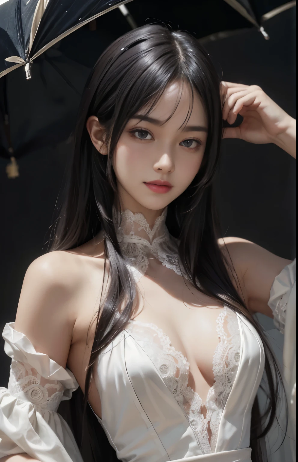 (surreal), (shape), (Improved resolution), (8k), (very detailed), (Best shape), (beautiful and detailed eyes), (highest quality), (Super detailed), (masterpiece ), ( wallpaper), (detailed face), 1 girl, 17 years old, white dress,  lace chest,  big breasts, looking at the viewer, small details, detailed face, in the dark, deep shadow, private key, Pure erotic face ace_v1, smile, long hair, black straight hair , 46 point diagonal bangs