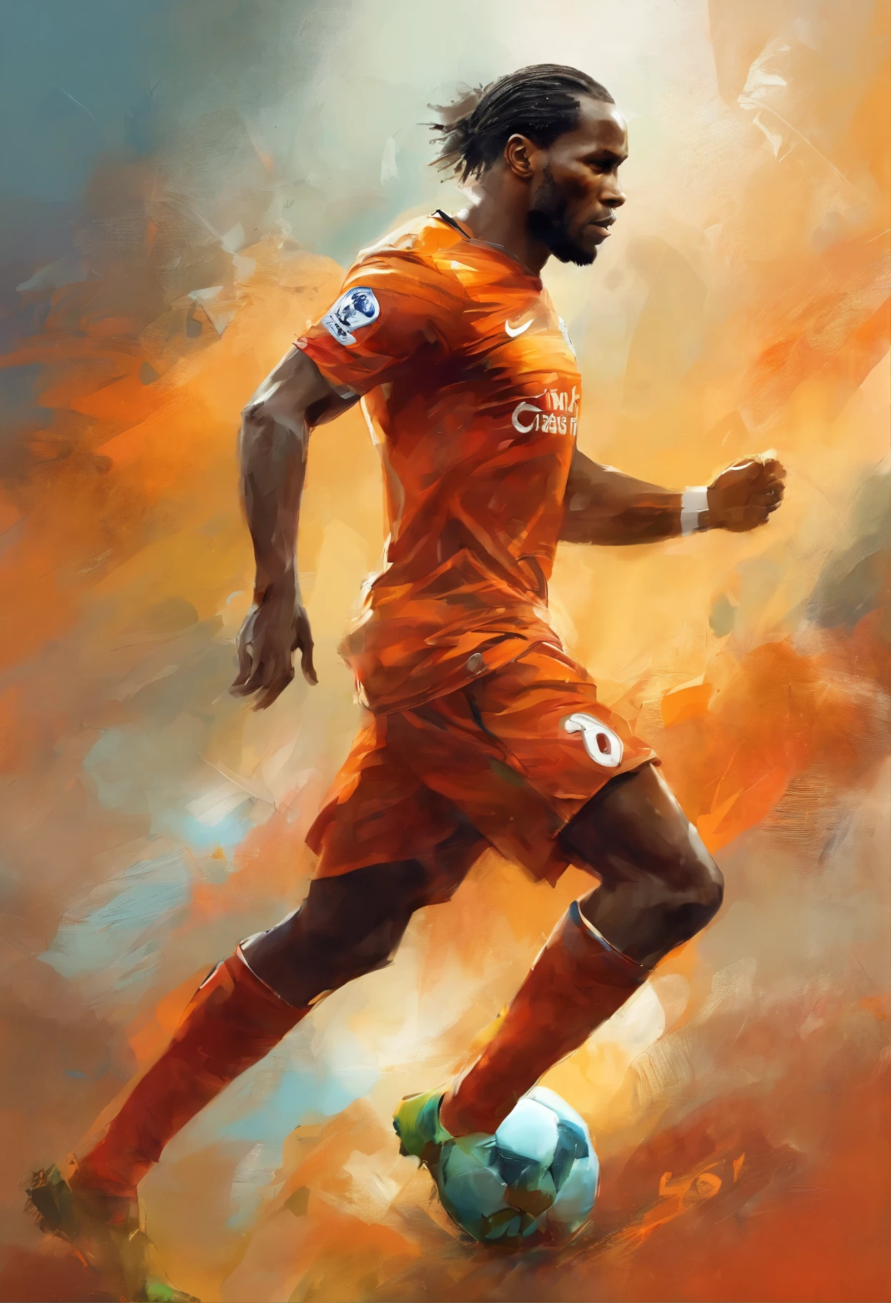 soccer player Didier Drogba in full growth, playing football, beautiful dynamics, painting in the style of Ryan Hewett, soccer player, legs, head, full height, wonderful figure