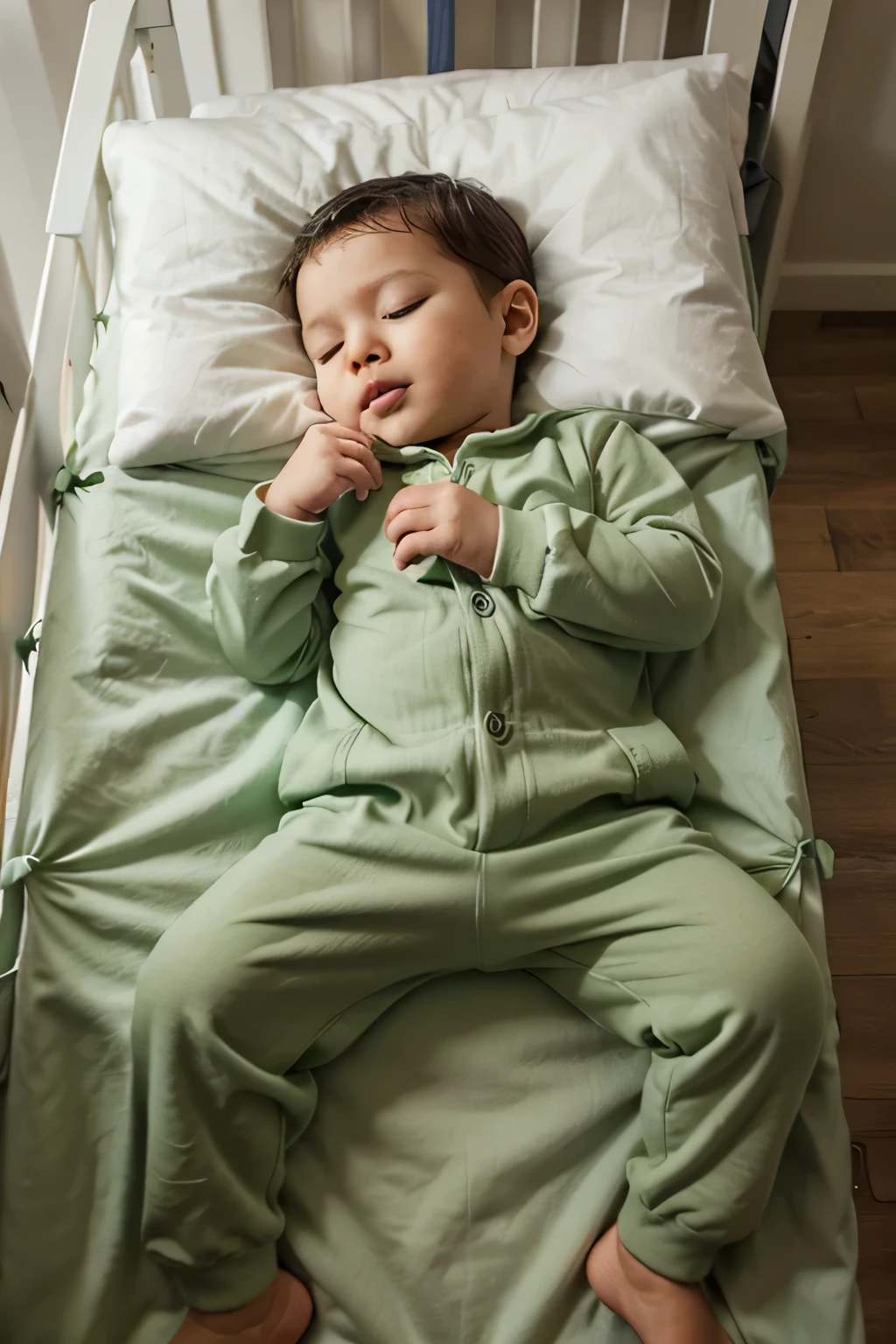  sleeps in crib with green romper suit
