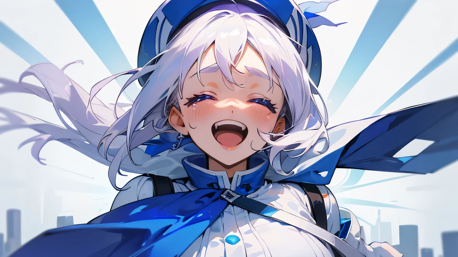 white hair,purple eyes, blue/white cape, white longsleeved shirt, jordan 11 retro white, black Nike backpack, young girl, blue gloves, City background, backwards white hat((best quality)), ((masterpiece)), (detailed), perfect face, close your eyes and weep, upper body, (huge Laughing:1.1), (open mouth:1.1), (wide Closed eyes:1.2)