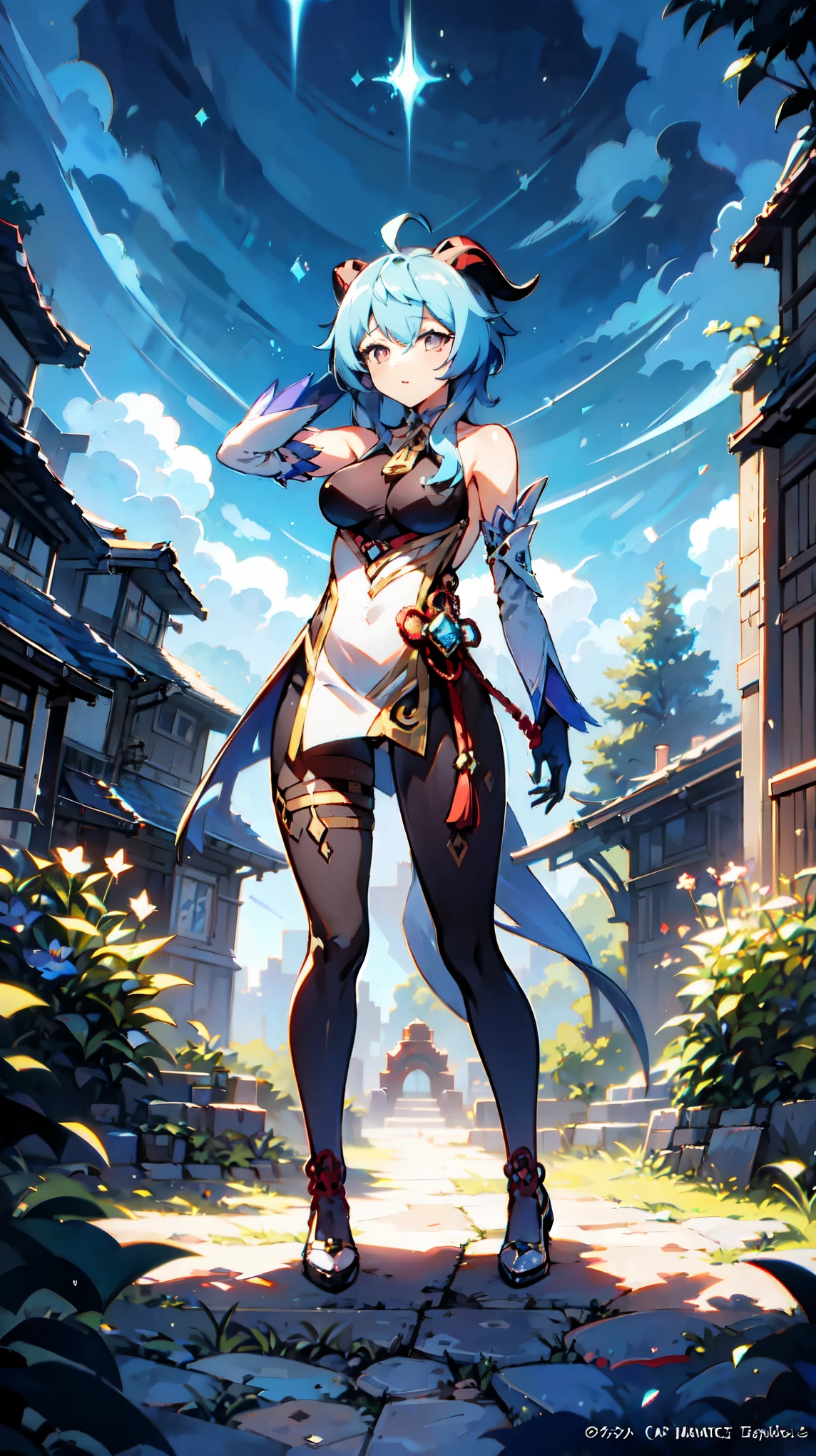 highest quality, anime images, anime style etc.,official art,\(genshin impact\),1 girl, twin horn, ticker,fit figure,colorful pastel fantasy,sexy pose,super detailed background,quality scenery