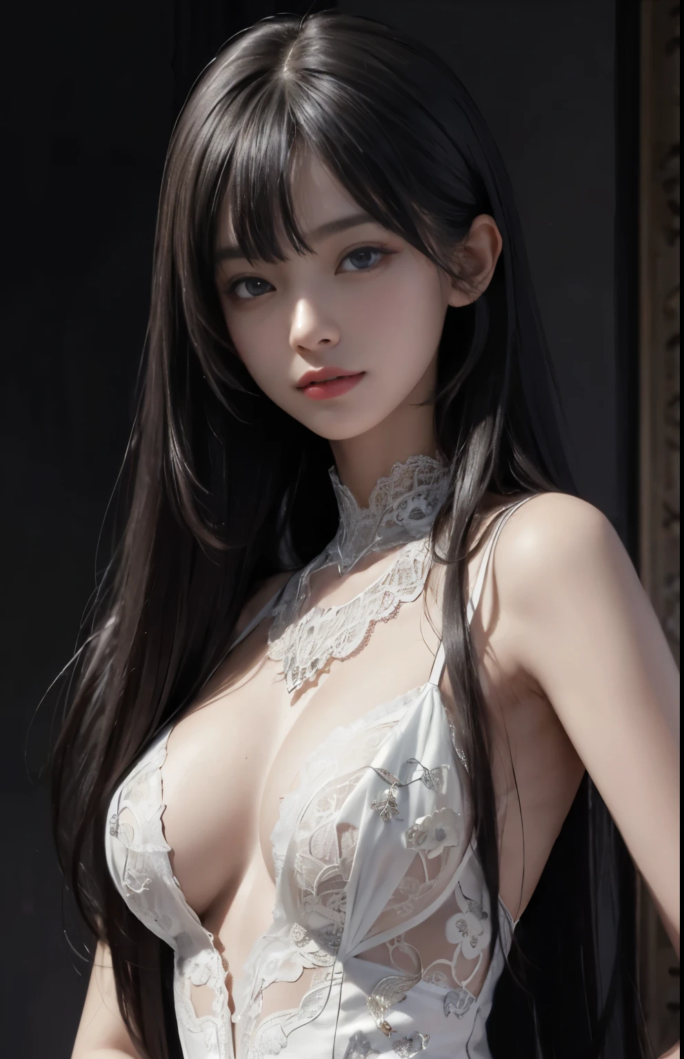 (surreal), (shape), (Improved resolution), (8k), (very detailed), (Best shape), (beautiful and detailed eyes), (highest quality), (Super detailed), (masterpiece ), ( wallpaper), (detailed face), 1 girl, ************, white dress,  lace chest,  big breasts, looking at the viewer, small details, detailed face, in the dark, deep shadow, private key, Pure erotic face ace_v1, smile, long hair, black straight hair , 46 point diagonal bangs