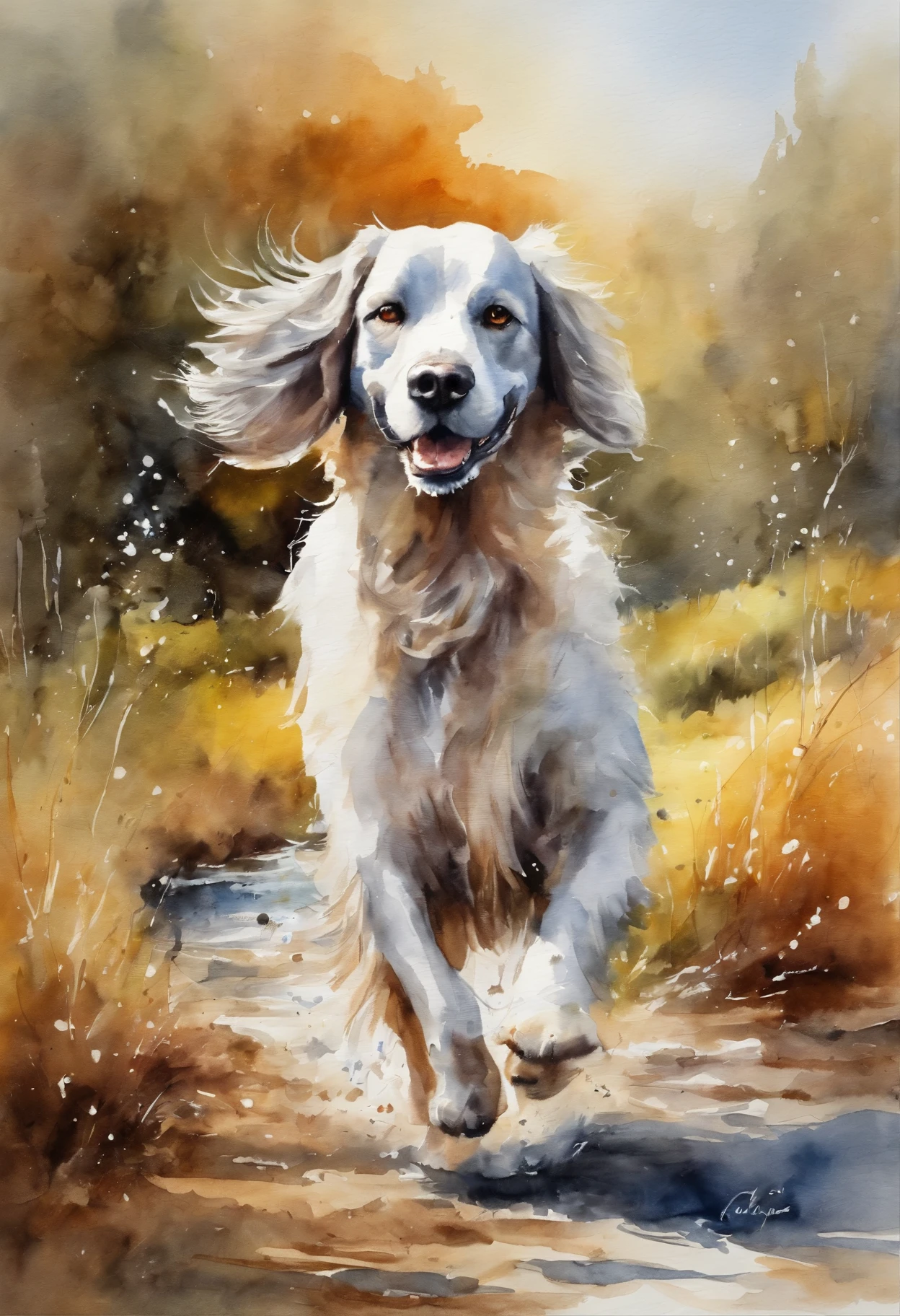 Ellie, dog breed спрингер spaniel, Sun, Vesna, March, field, running, river, spray, clouds