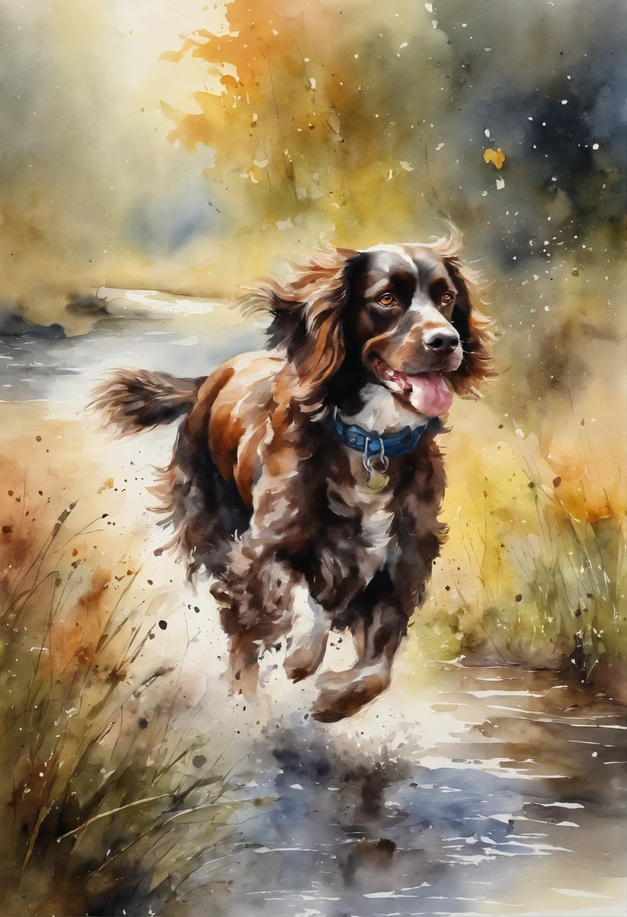 Ellie, dog breed спрингер spaniel, Sun, Vesna, March, field, running, river, spray, clouds