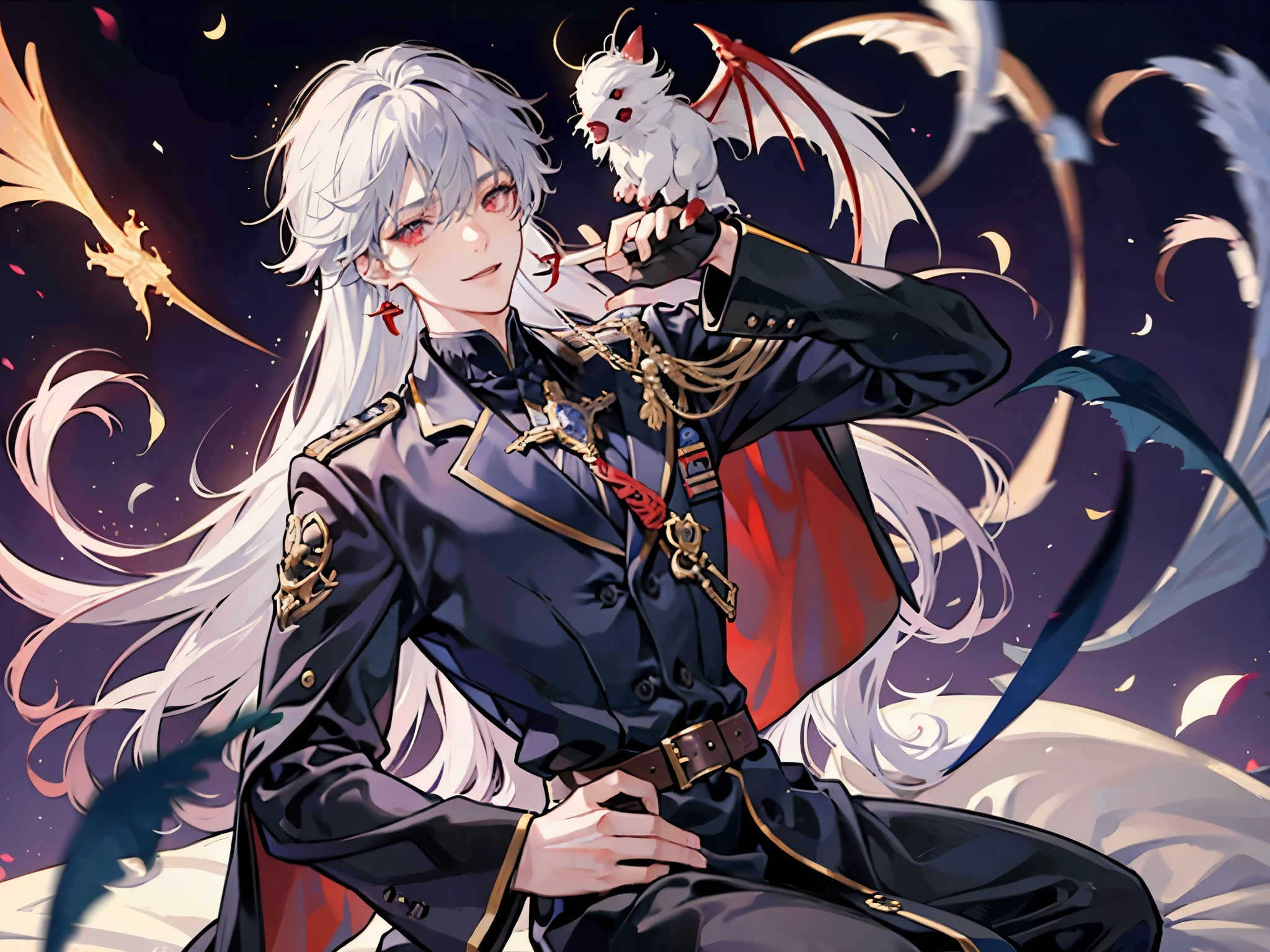 A male teenage is depicted in anime style, red eyes, silver long hair, smiling bashful and blissfully, shy, virtuous, cute, blissful and gentle expression, graceful gesture, wearing white gothic formal style costume, shinny white holy church background, a holy priest vampire, holy aura
