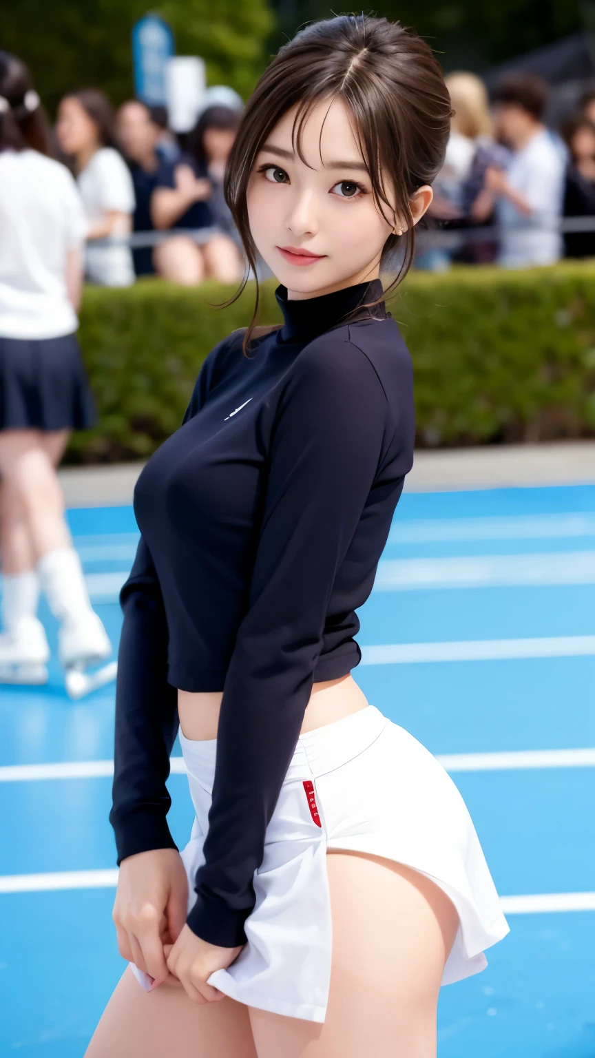 1 female、(super beautiful)、(beautiful face:1.6)、(detailed face:1.5)、(fine eyes:1.1)、(lip details:1.1)、(detailed nose:1.1)、(brown hair)、(doing figure skating)、(he女'he'リンクでスケートをしているのはheだけです.:1.2)、(anatomically correct movements:1.3)、(purple costume)、(white panties under skirt:1.2)、(Clothes:1.5)、(skating rink with spectators)、(At SFW:1.5)