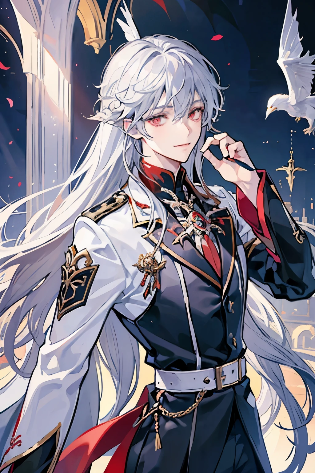 A male teenage is depicted in anime style, red eyes, silver long hair, smiling bashful and blissfully, shy, virtuous, cute, blissful and gentle expression, graceful gesture, wearing white gothic formal style costume, shinny white holy church background, a holy priest vampire, holy aura
