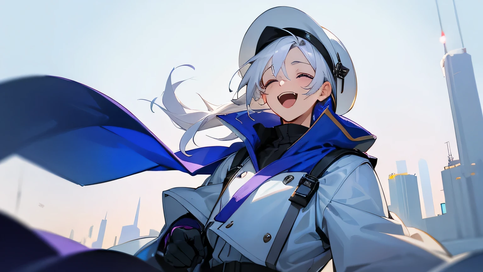 white hair,purple eyes, blue/white cape, white longsleeved shirt, jordan 11 retro white, black Nike backpack,young male, blue gloves, City background, backwards white hat((best quality)), ((masterpiece)), (detailed), perfect face, close your eyes and weep, upper body, (huge Laughing:1.1), (open mouth:1.1), (wide Closed eyes:1.2)